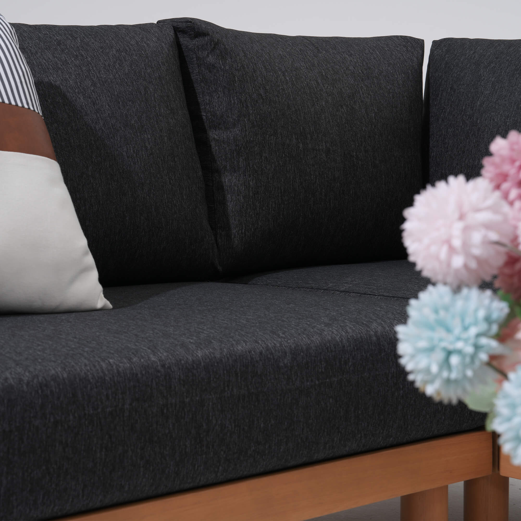 Sova Swivel × Kiri Modular Eucalyptus Lounge Set, Black Cushions