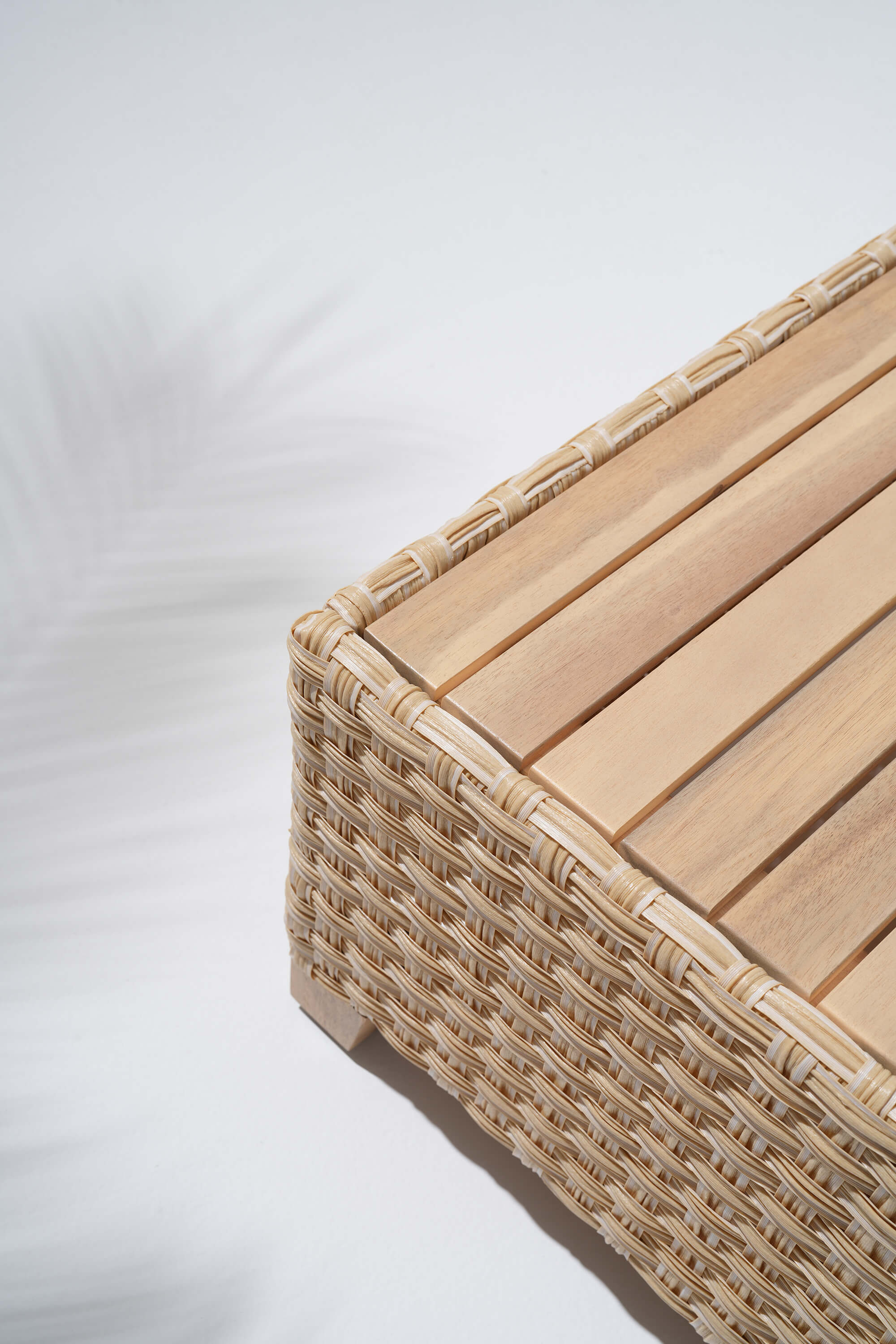 hand woven wicker frame and wooden tabletop details