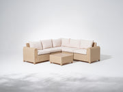 Wicker outdoor sectional sofa with wooden frame and a square coffee table