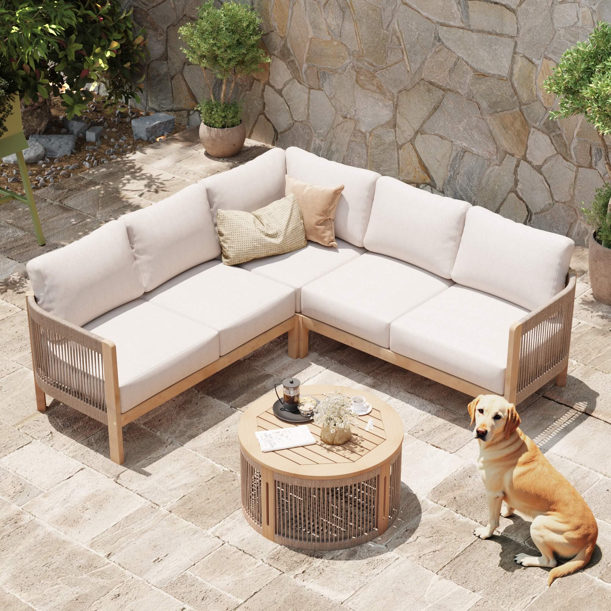 Outdoor patio conversation seating set with an L-shaped sectional sofa, round table