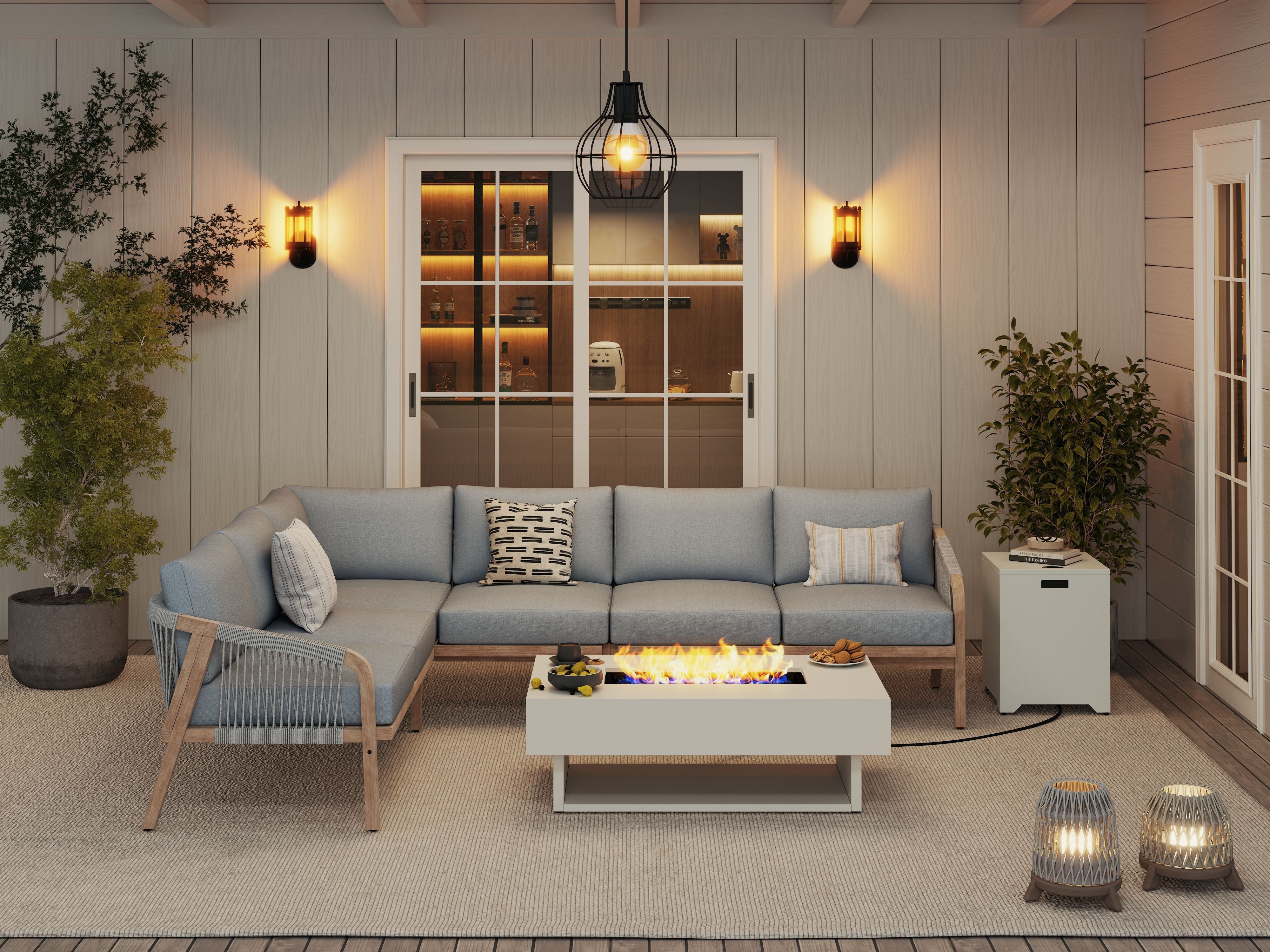 Thalea Wooden L-shaped Sectional Set with Fire Pit, Rope Design