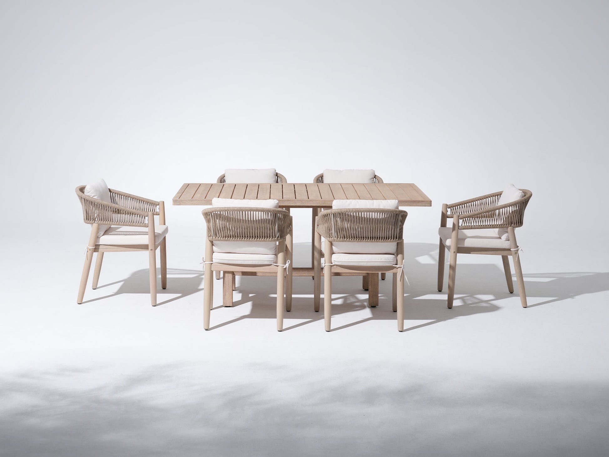 wood outdoor furniture dining set for 6 with rope design and cushions