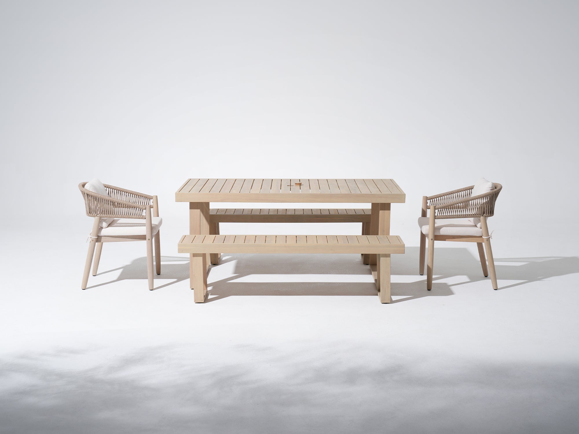 Lira 67" Wooden Outdoor Dining Set with 2-4 Rope Chairs and Bench; Sled-Leg Design & Umbrella Hole
