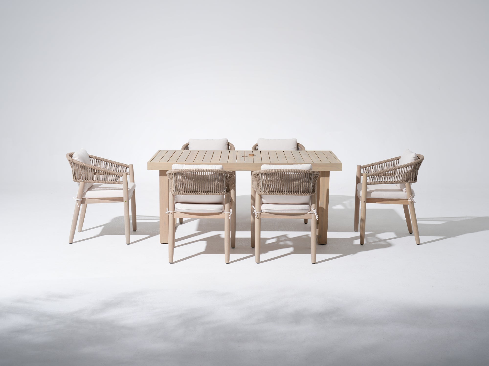 Lira 67" Wooden Outdoor Dining Set with 2-4 Rope Chairs and Bench; Sled-Leg Design & Umbrella Hole