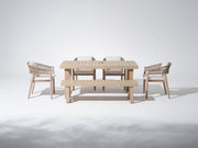 Wood  patio umbrella hole dining set for 6 with bench, rope design chairs