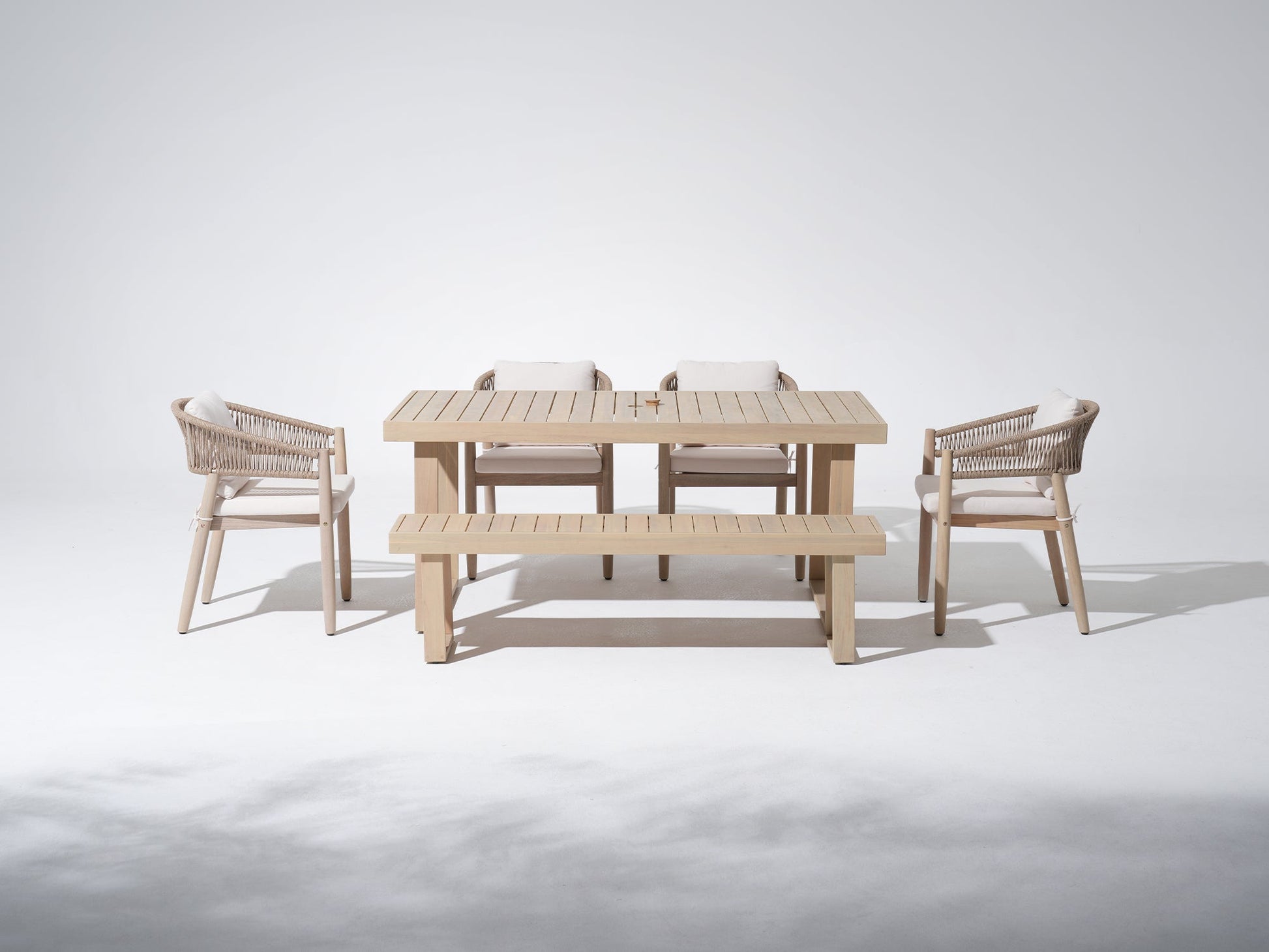 Wood  patio umbrella hole dining set for 6 with bench, rope design chairs