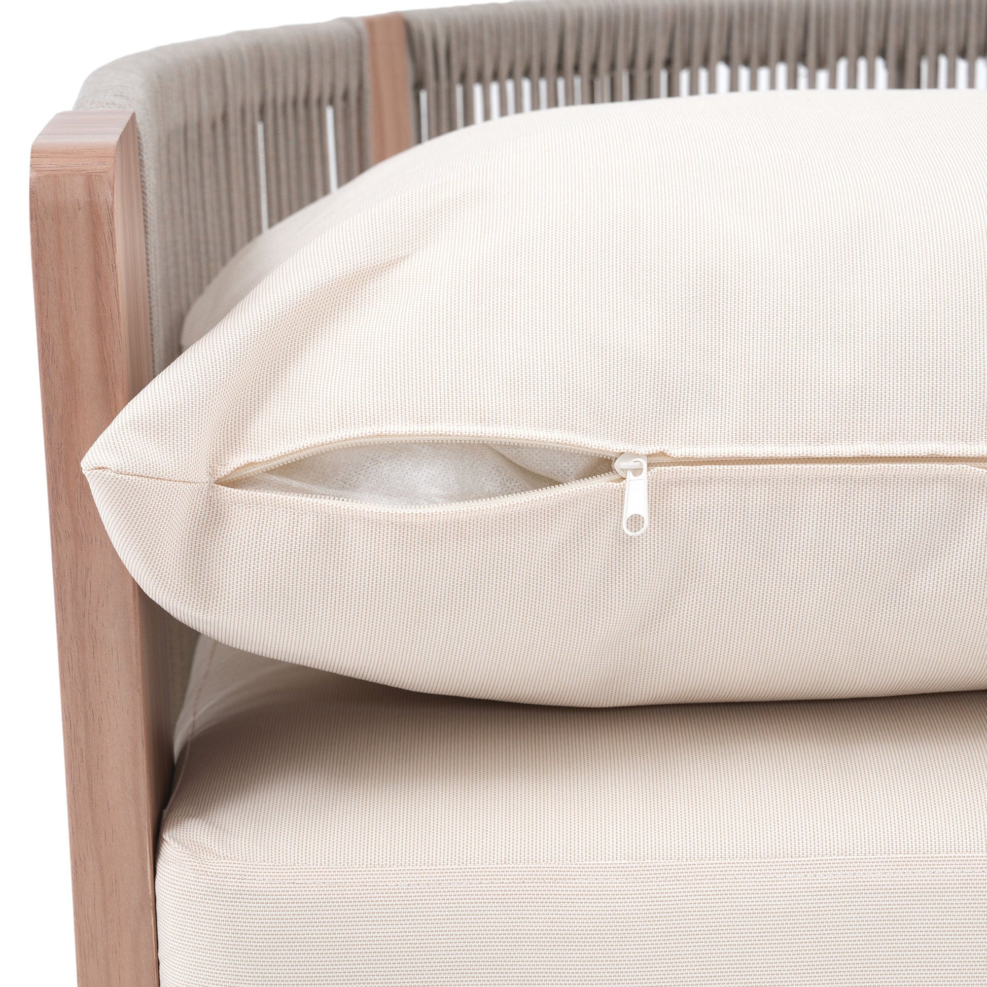 Close-up of a beige cushion on a chair with a zipper detail- SUNSITT Modern Premium Patio Outdoor Furniture