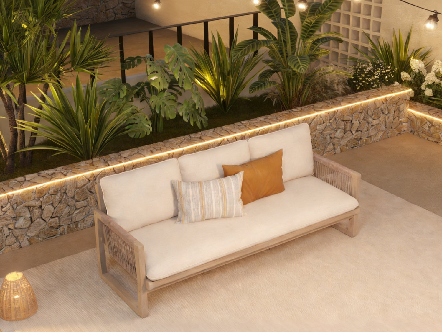 Lumi Outdoor 3-Seater Sofa, Rope Design, Wood & Cushion