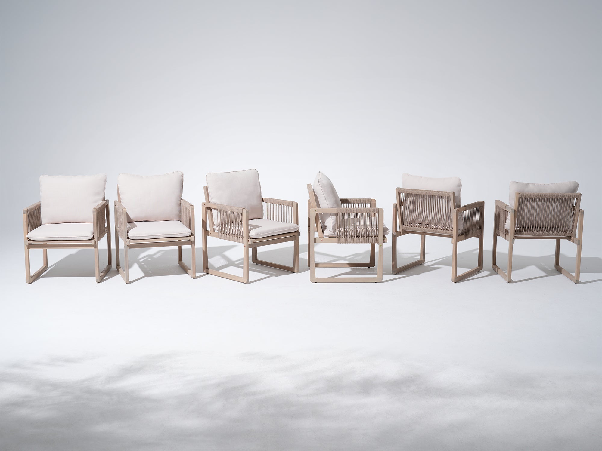 Lumi Outdoor Wooden Dining Set with Rope Design Chairs & Umbrella Hole for 6-8 People, 83" Tapered Legs