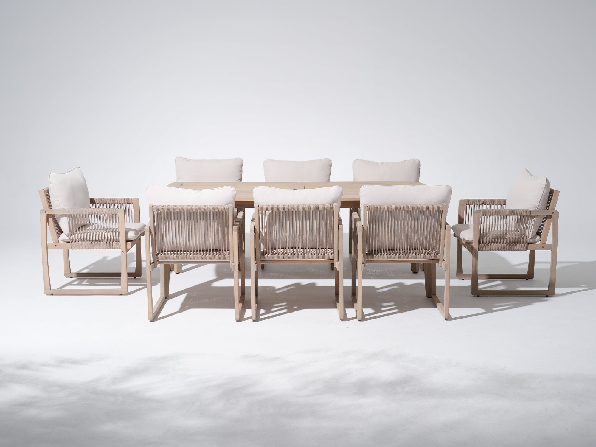 Lumi Outdoor Wooden Dining Set with Rope Design Chairs & Umbrella Hole for 6-8 People, 83" Tapered Legs