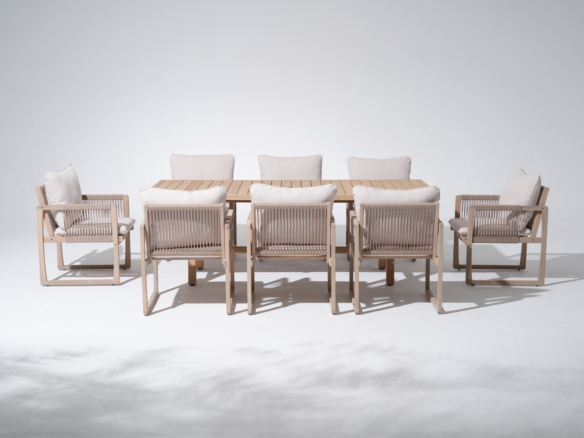 Lumi Wooden Outdoor Dining Set with White Cushion for 8 People,Umbrella Hole, 90.5"– Textured