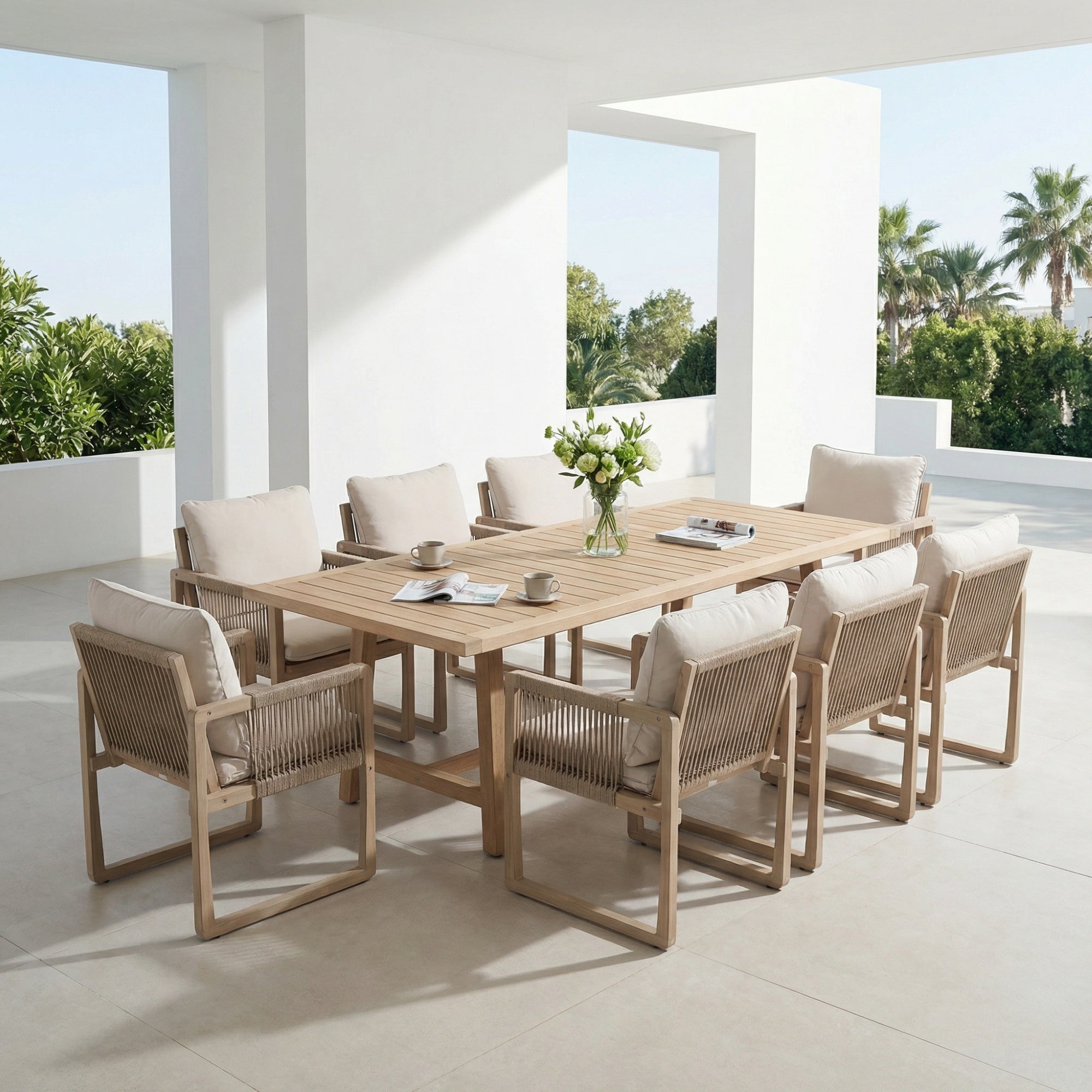 Lumi Wooden Outdoor Dining Set with White Cushion for 8 People,Umbrella Hole, 90.5"– Textured