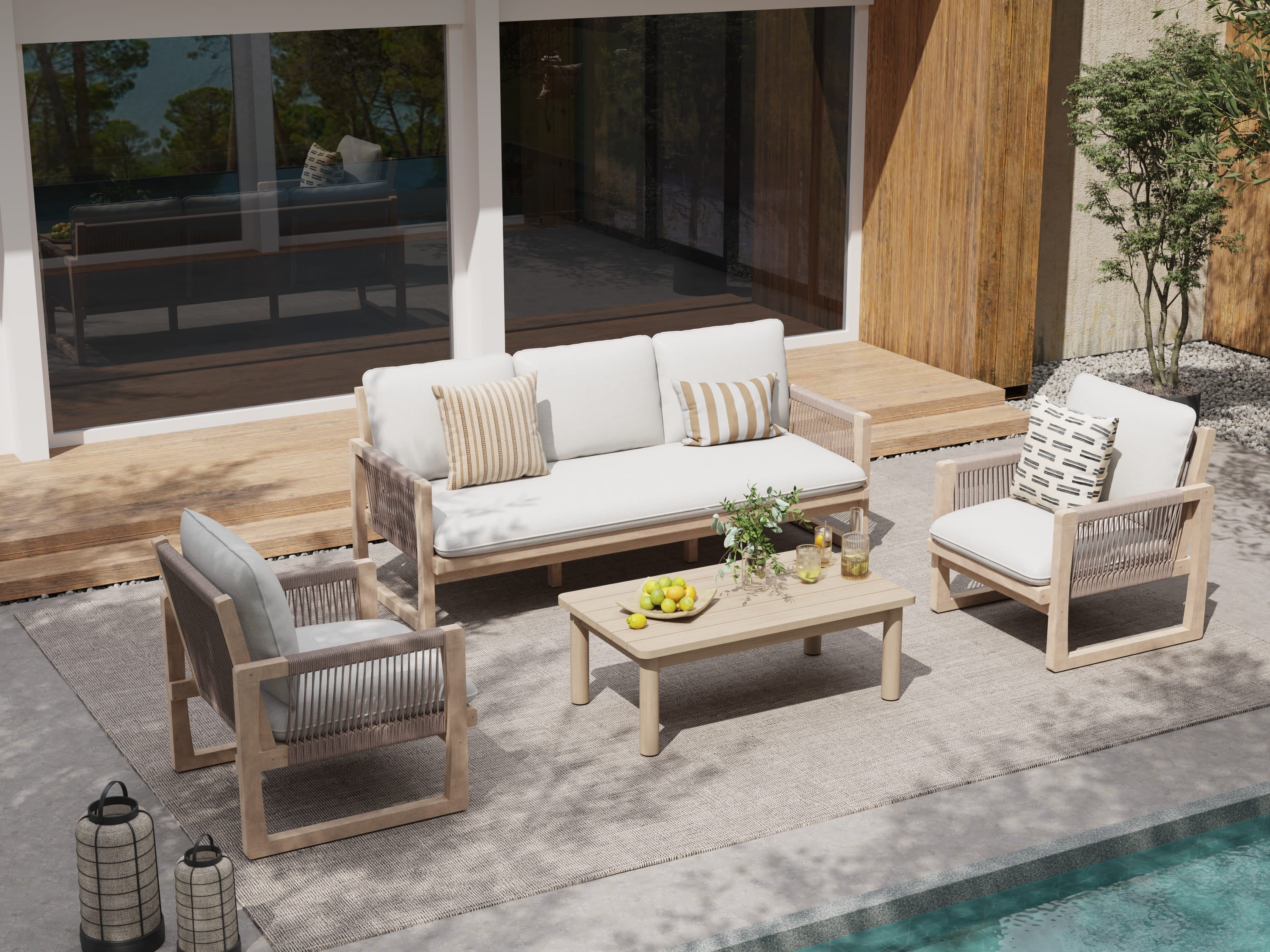 Lumi Outdoor 3-Seater Sofa, Rope Design, Wood & Cushion