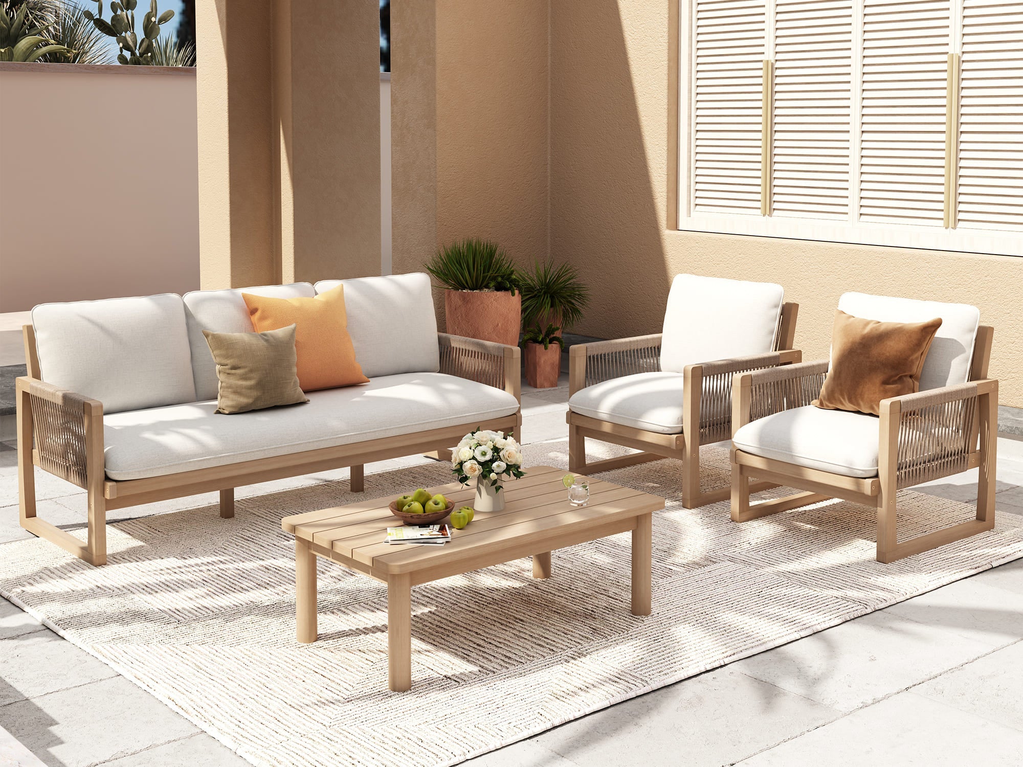 Lumi Outdoor 3-Seater Sofa, Rope Design, Wood & Cushion