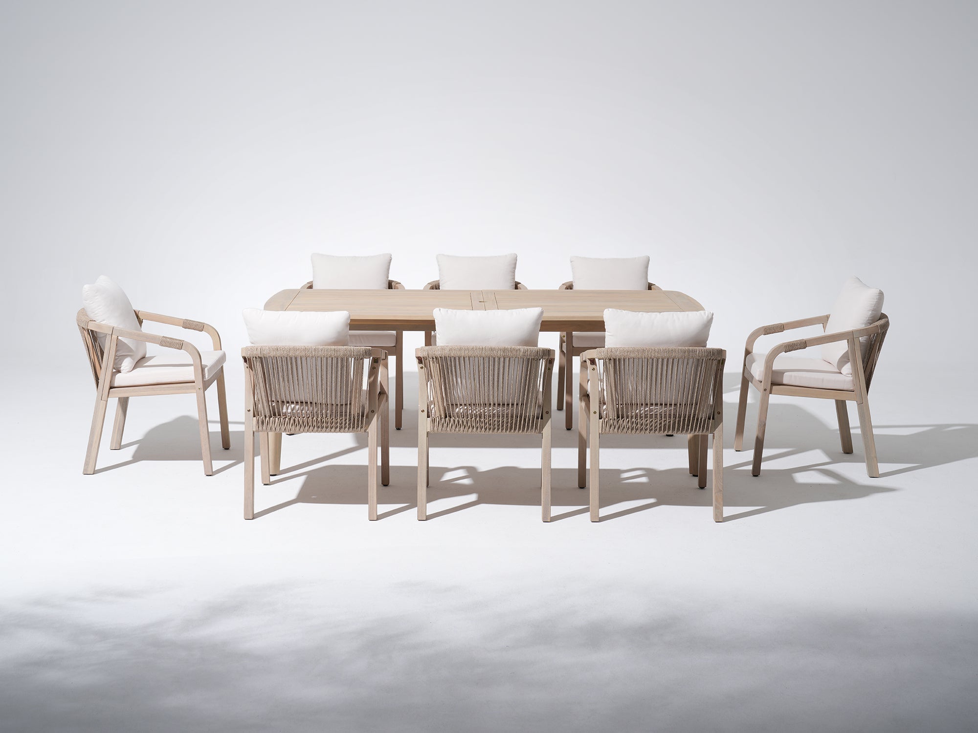 Wood and rope patio umbrella hole dining set for 8 with cushions