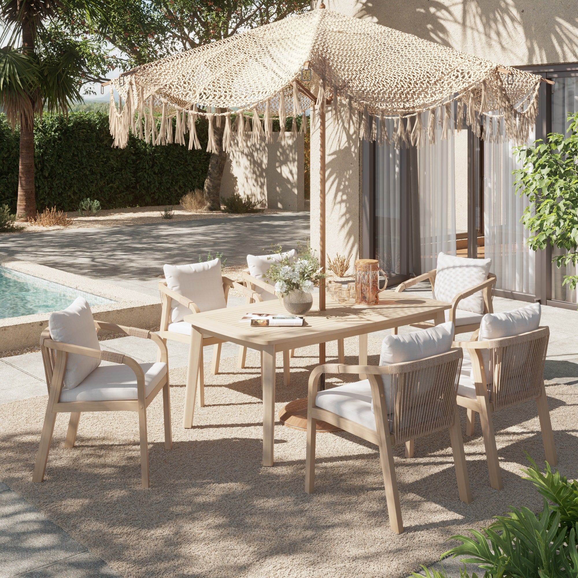 Wood and rope patio umbrella hole dining set for 6