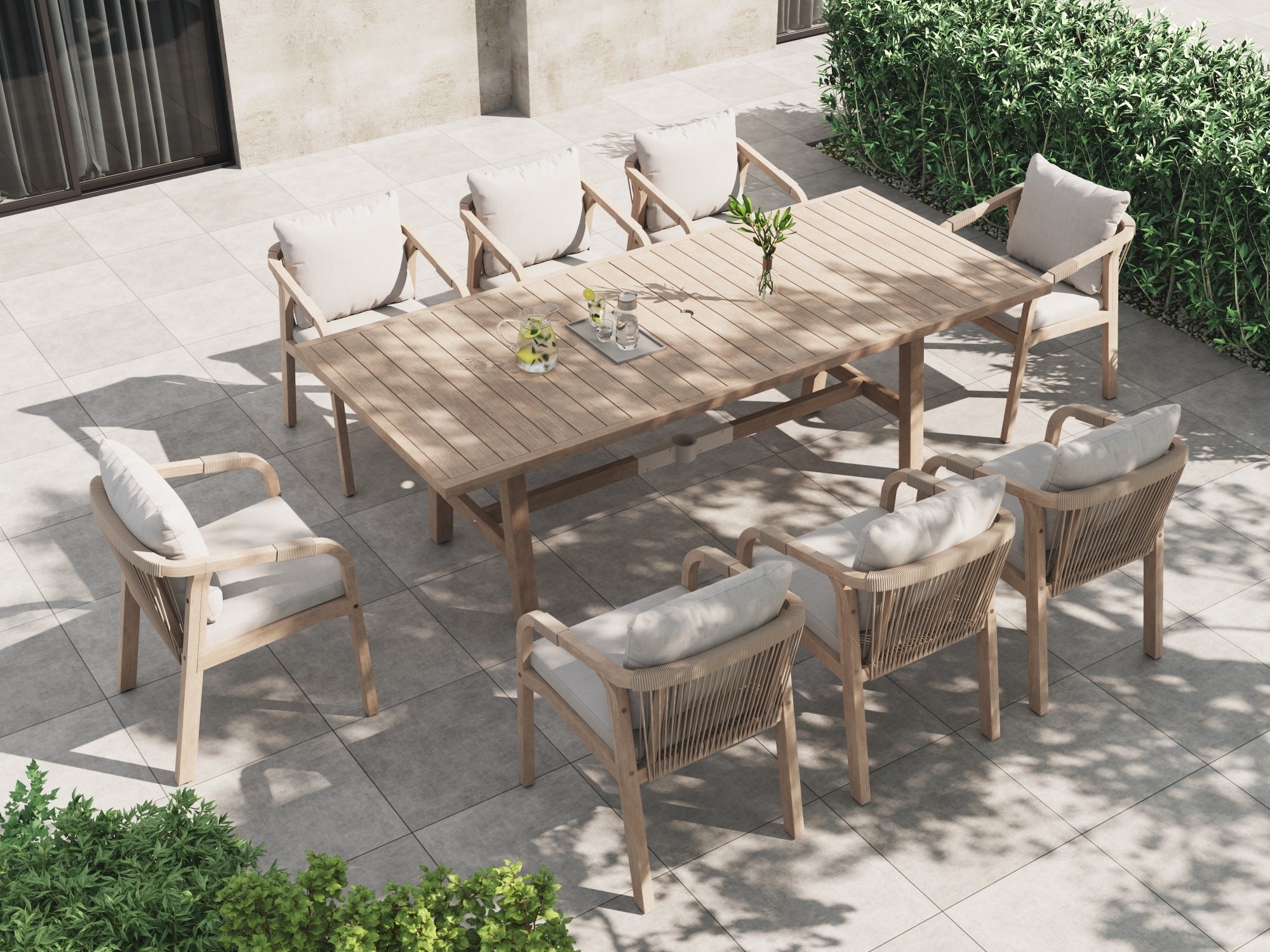 wood and rope patio dining chairs set for 8 people with umbrella hole - Sunsitt modern outdoor furniture