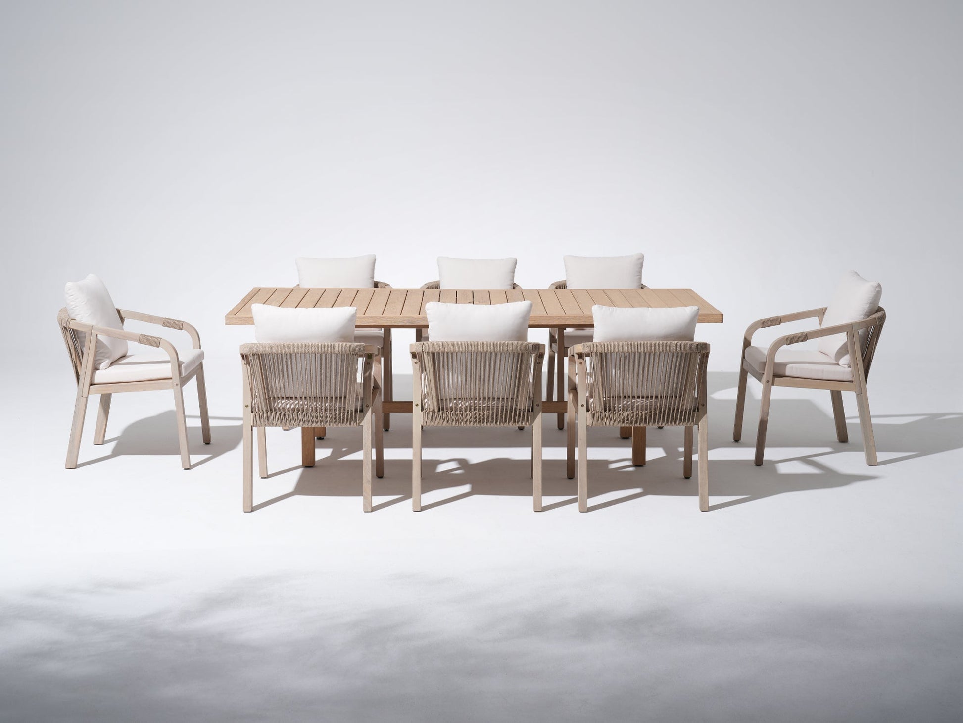 wood and rope patio dining chairs set for 8 people with umbrella hole- Sunsitt modern outdoor furniture