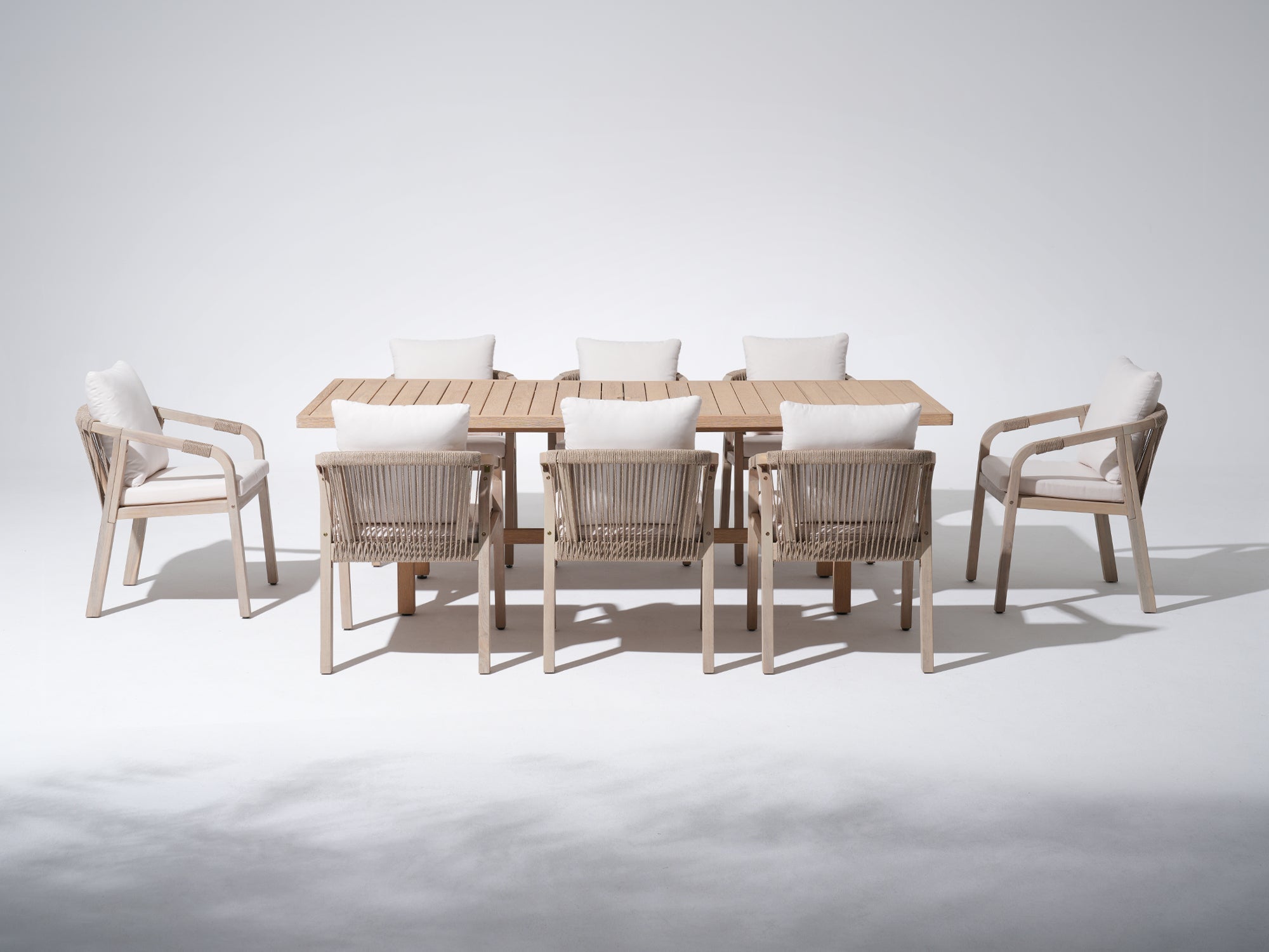 wood and rope patio dining chairs set for 8 people with umbrella hole- Sunsitt modern outdoor furniture