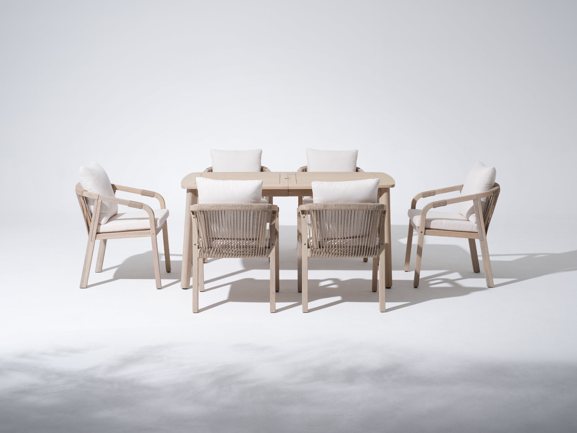 Wood and rope patio umbrella hole dining set for 6