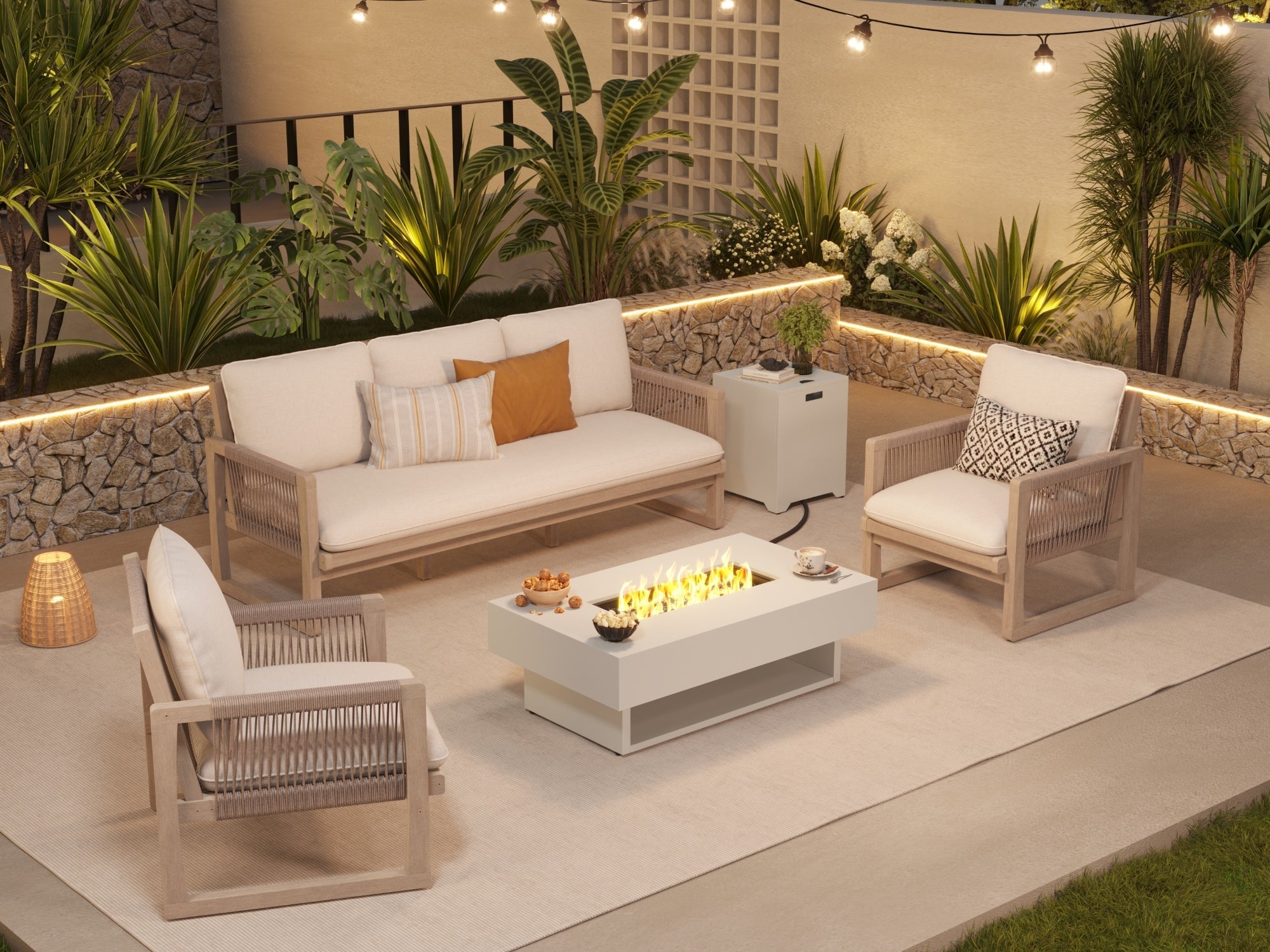 Lumi Outdoor Conversation Set with Fire Pit, Rope Design