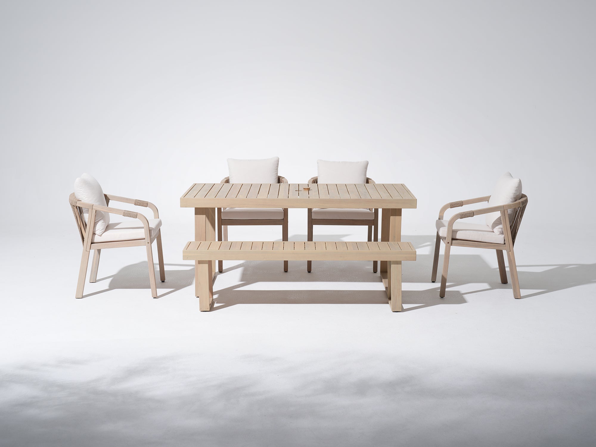 Lumi 67‘’ Wooden Outdoor Dining Set with Umbrella Hole for 4-6 People, Bench Option, Sled-Leg Design