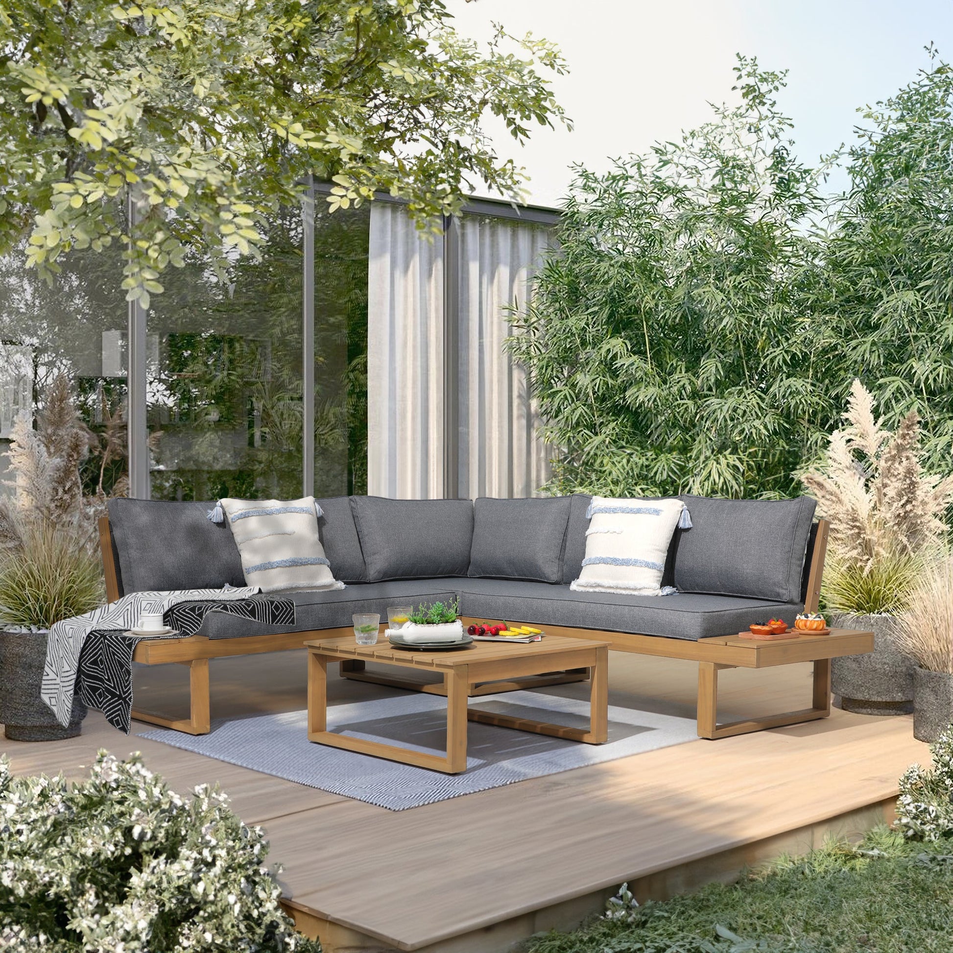 Foristern Outdoor L-Shaped Sofa Set, Wooden conversation sets, gray cushions  - Sunsitt Premium Modern Outdoor Patio Furniture  #color_grey
