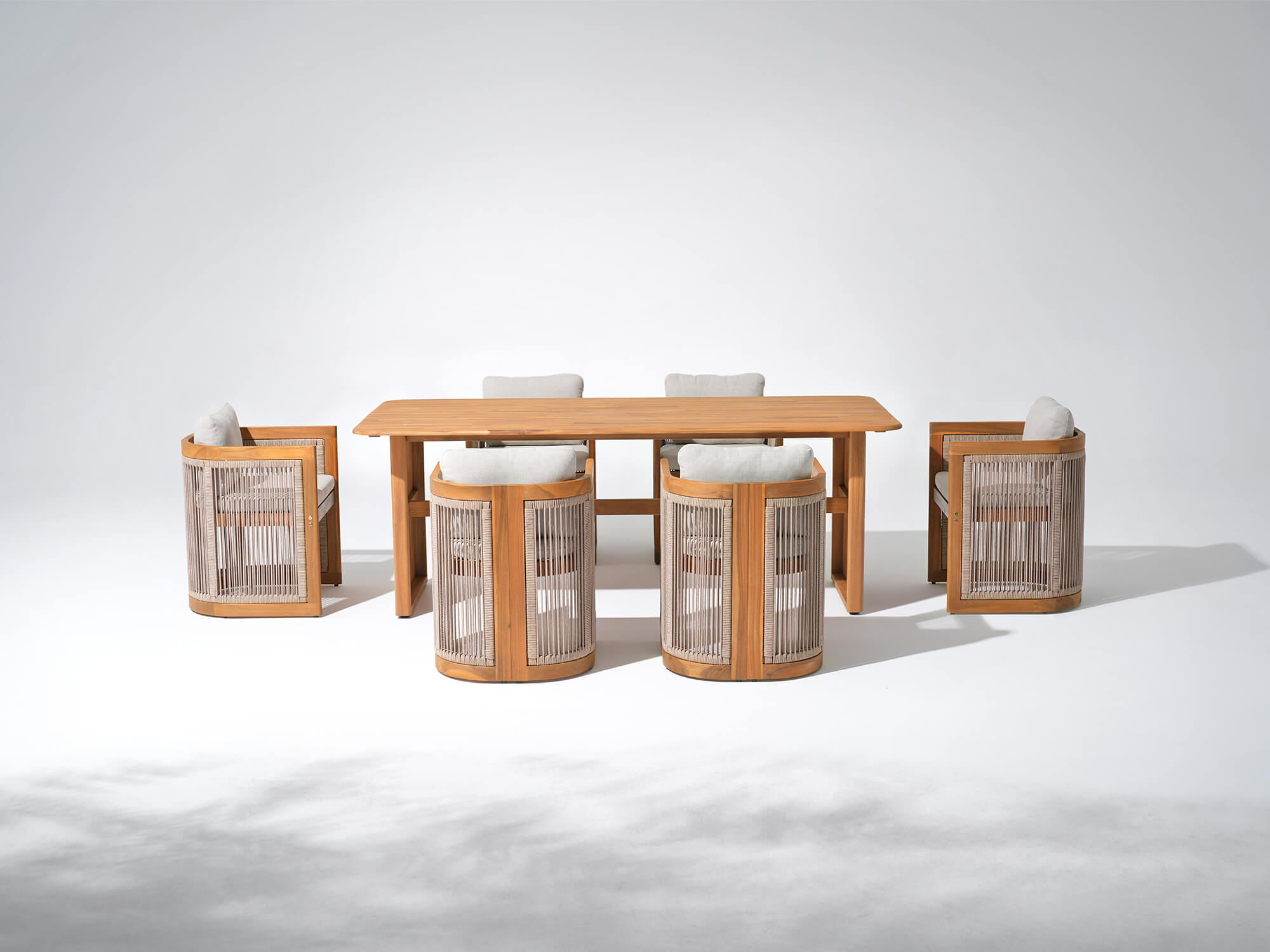 rope and Wooden rectangular outdoor dining table set for 6 with cushions - Sunsitt Modern Premium Patio Outdoor Furniture