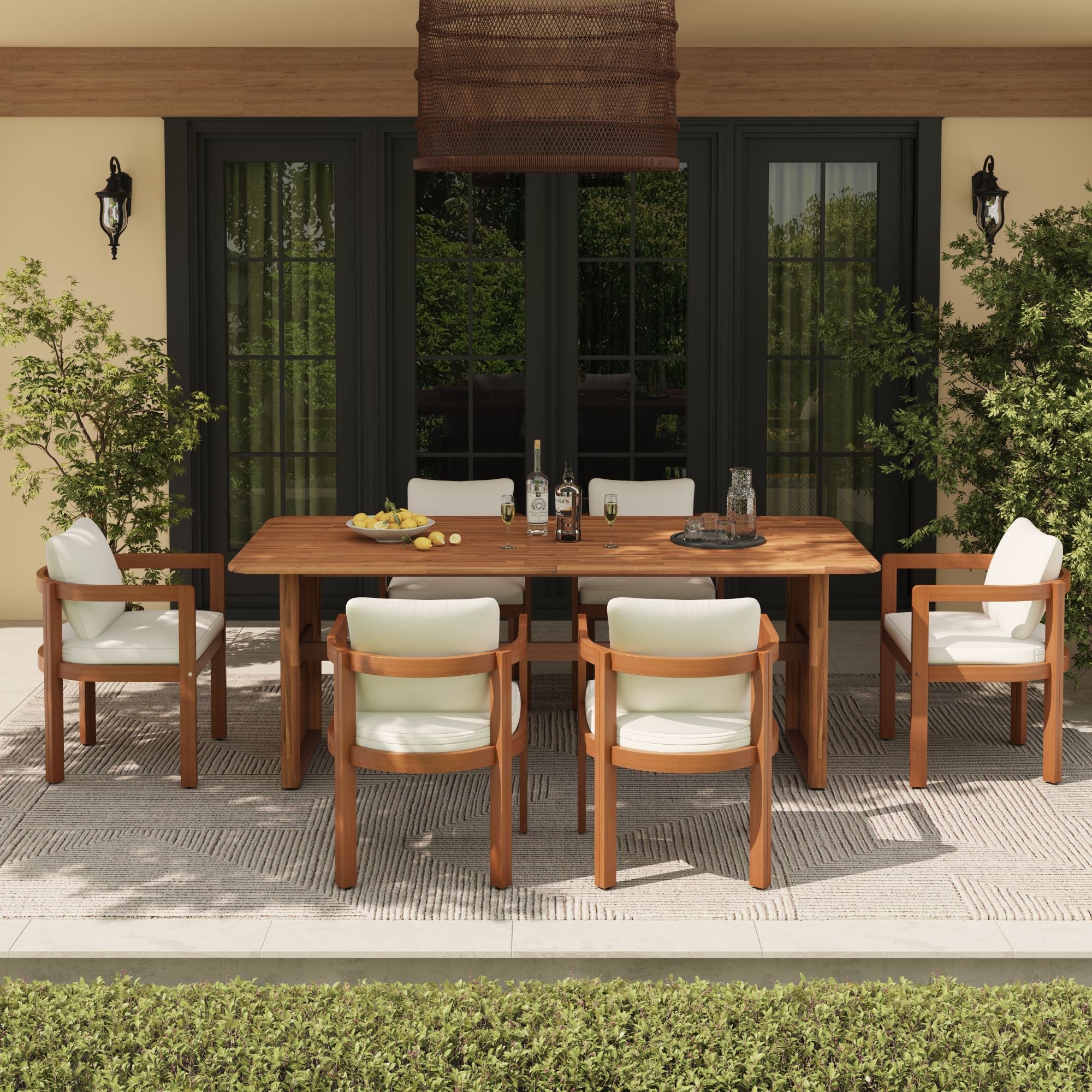 Wooden rectangular outdoor dining set for 6 people with cushions - Sunsitt Modern Premium Patio Outdoor Furniture#Size_6 Chairs + 1 Table