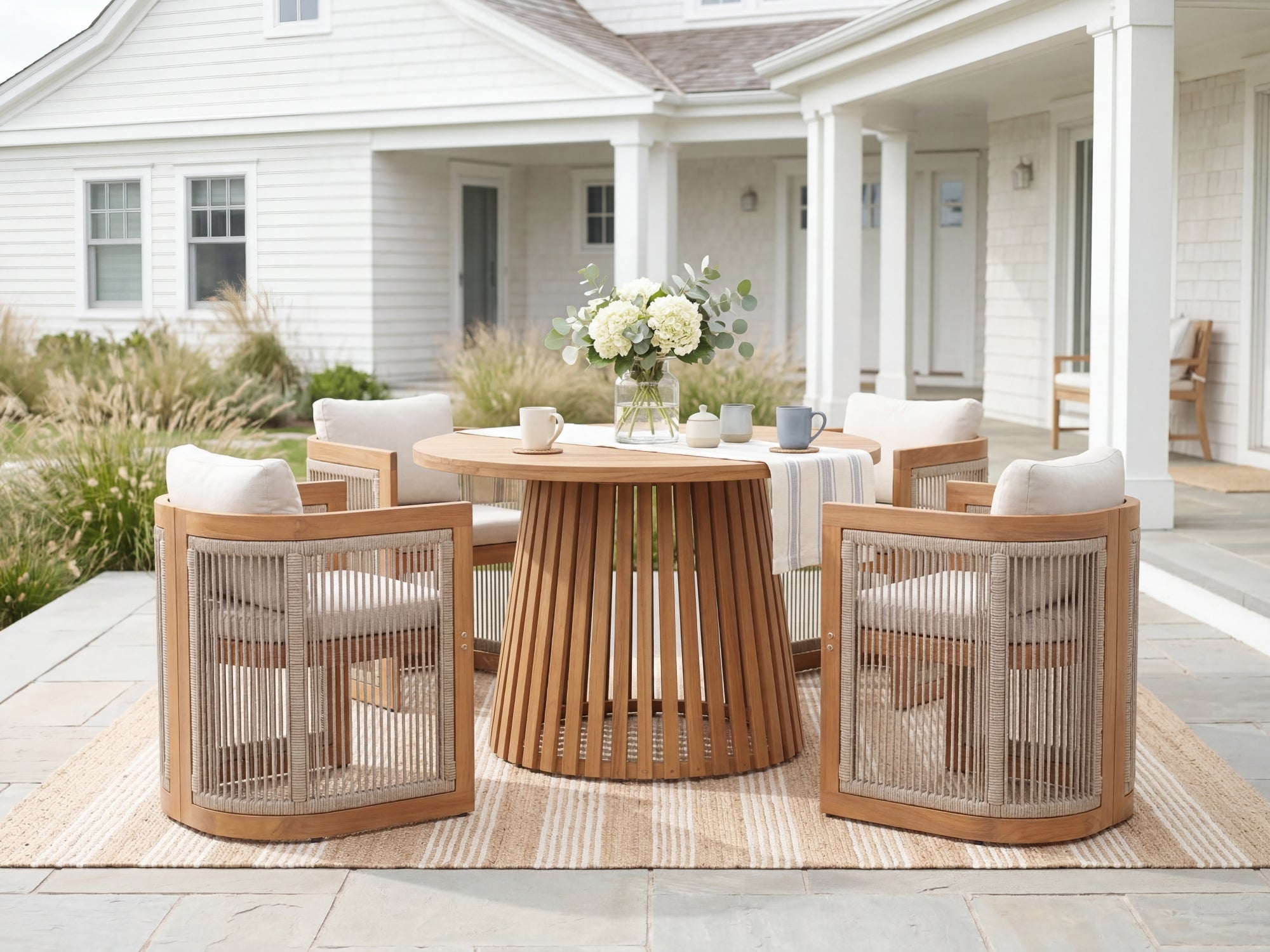 Mori Outdoor Wood & Rope Dining Set with Round Table for 4-6 People, 43.3"