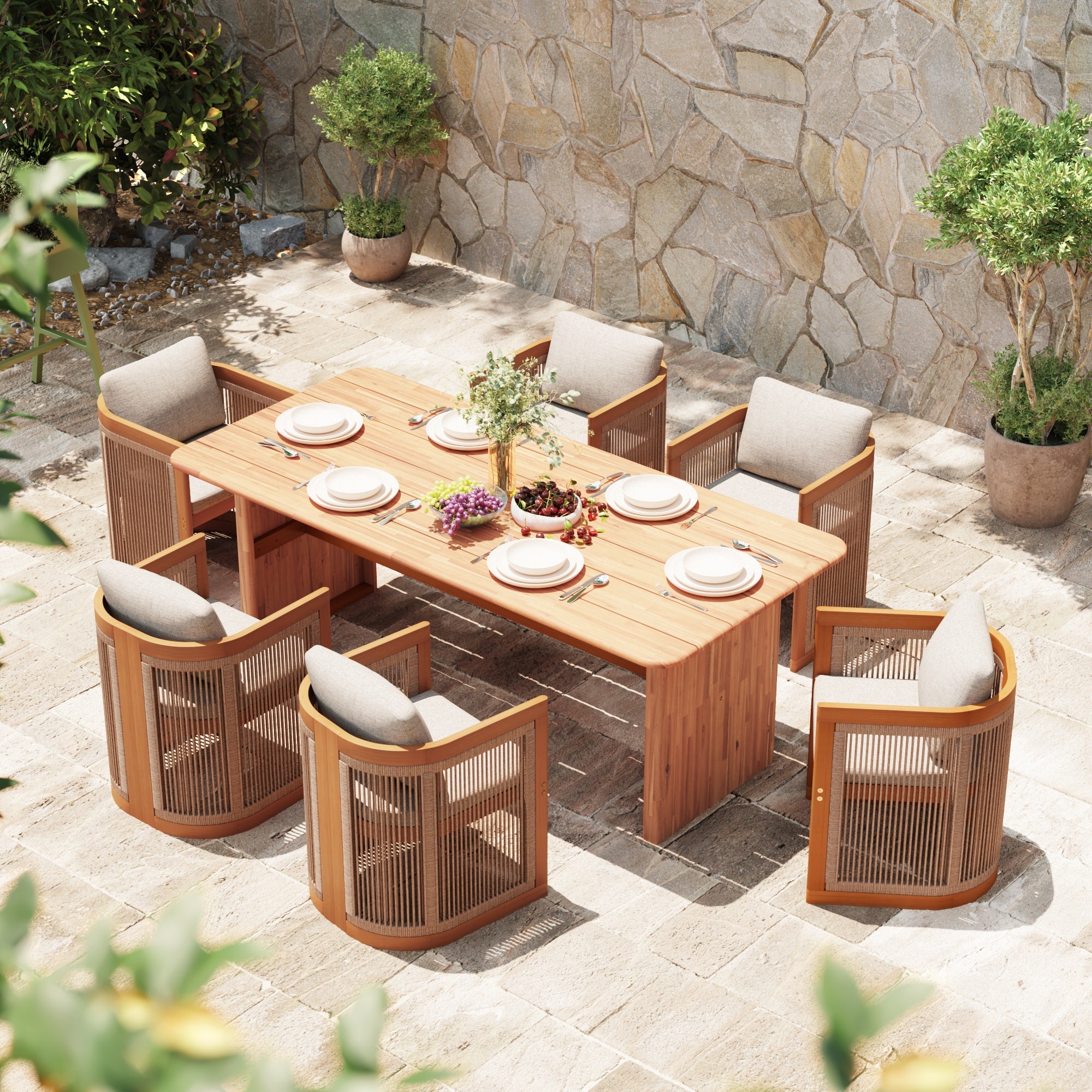 6 seats wood and rope Outdoor patio dining set, large rectangular dining table- Sunsitt Modern Premium Patio Outdoor Furniture 