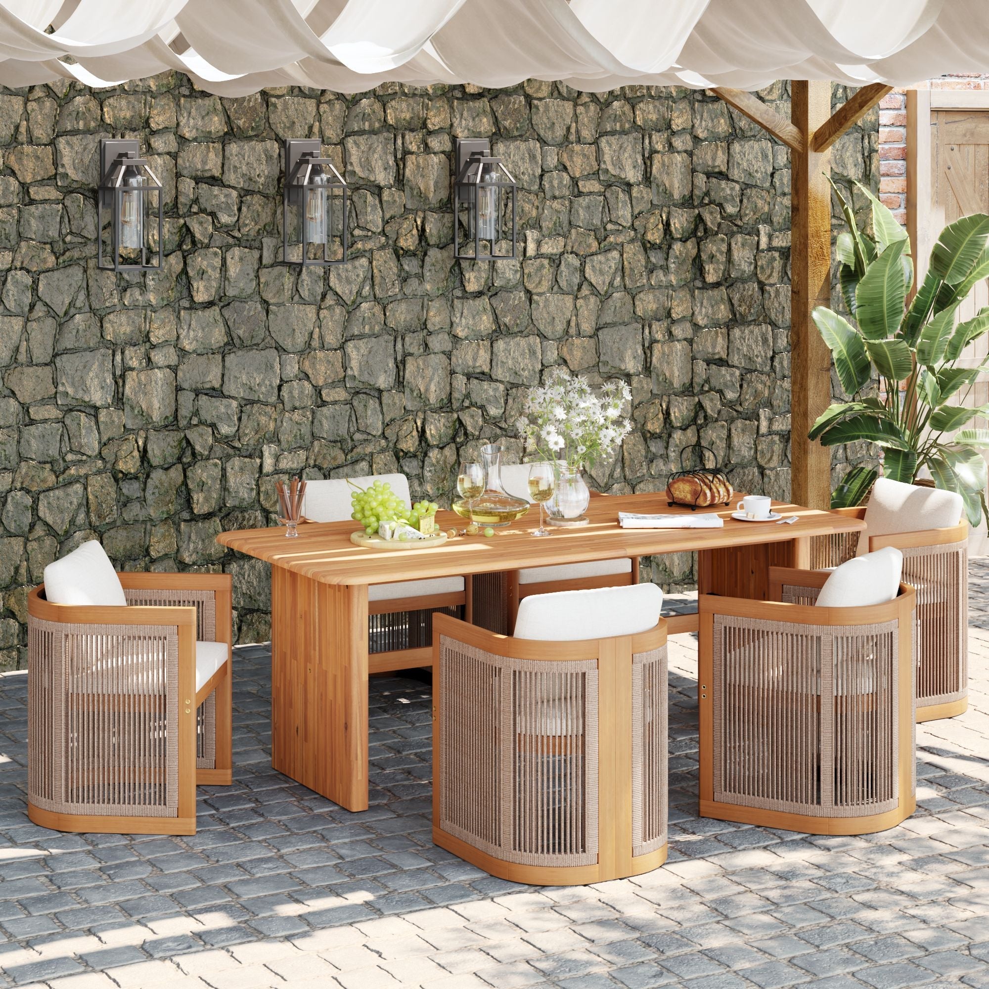 wooden Outdoor dining table set for 6 people with rope design and cushions- Sunsitt Modern Premium Patio Outdoor Furniture
