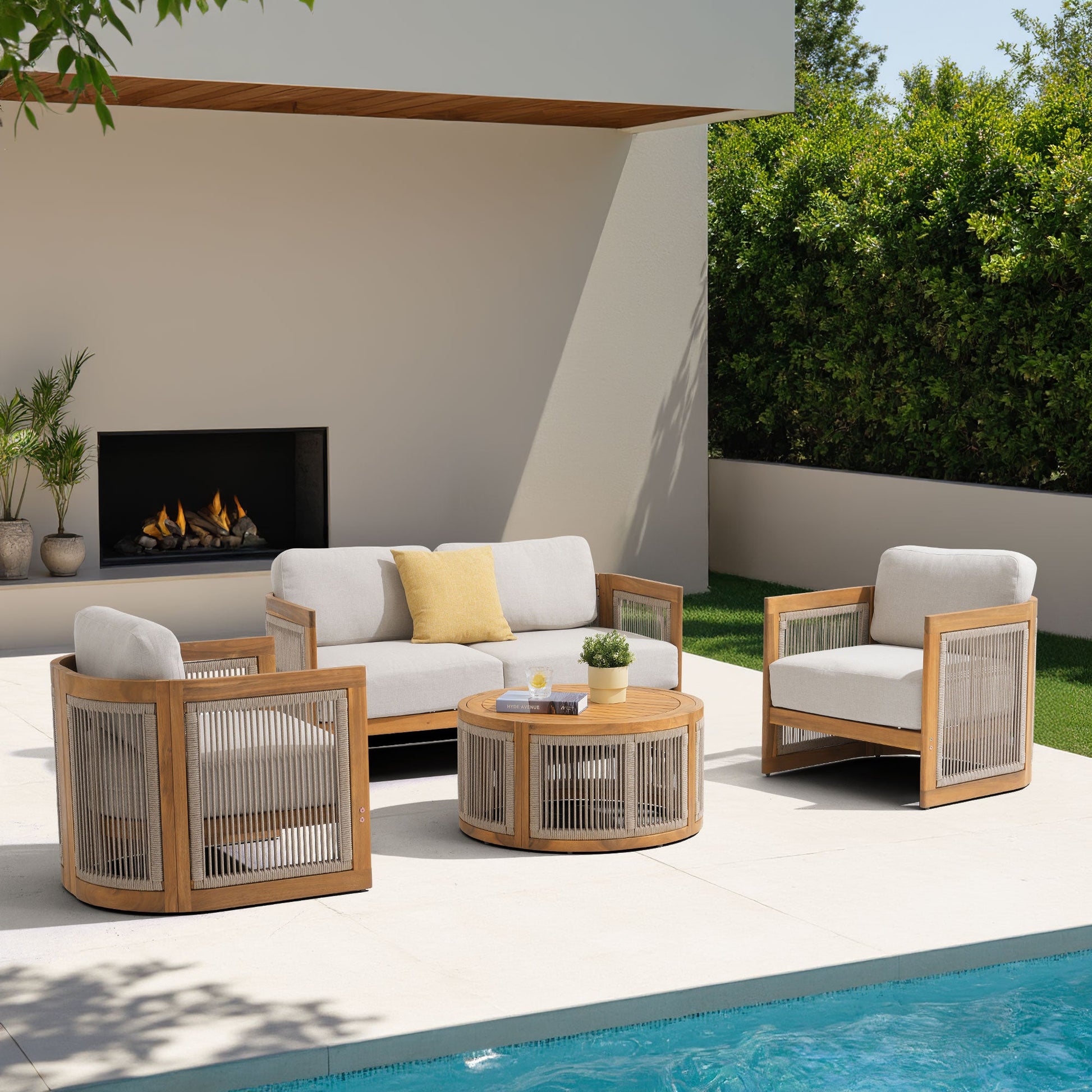 4 seats wooden outdoor conversation seating set with rope design, a loveseat, two chairs, a round coffee table- Sunsitt Modern Premium Patio Outdoor Furniture#Size_4-pc with Loveseat