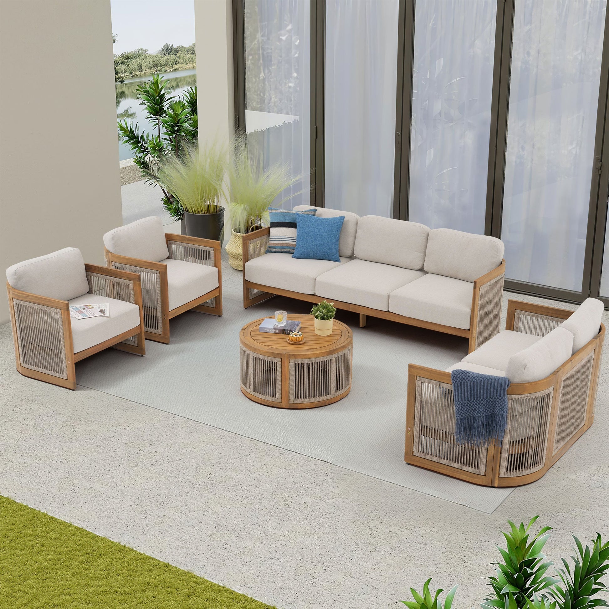 wooden outdoor conversation sets for 7 people with woven rope design, a 3-seat sofa, a loveseat, two lounge chairs and a round coffee table- Sunsitt Modern Premium Patio Outdoor Furniture #Size_5-pc