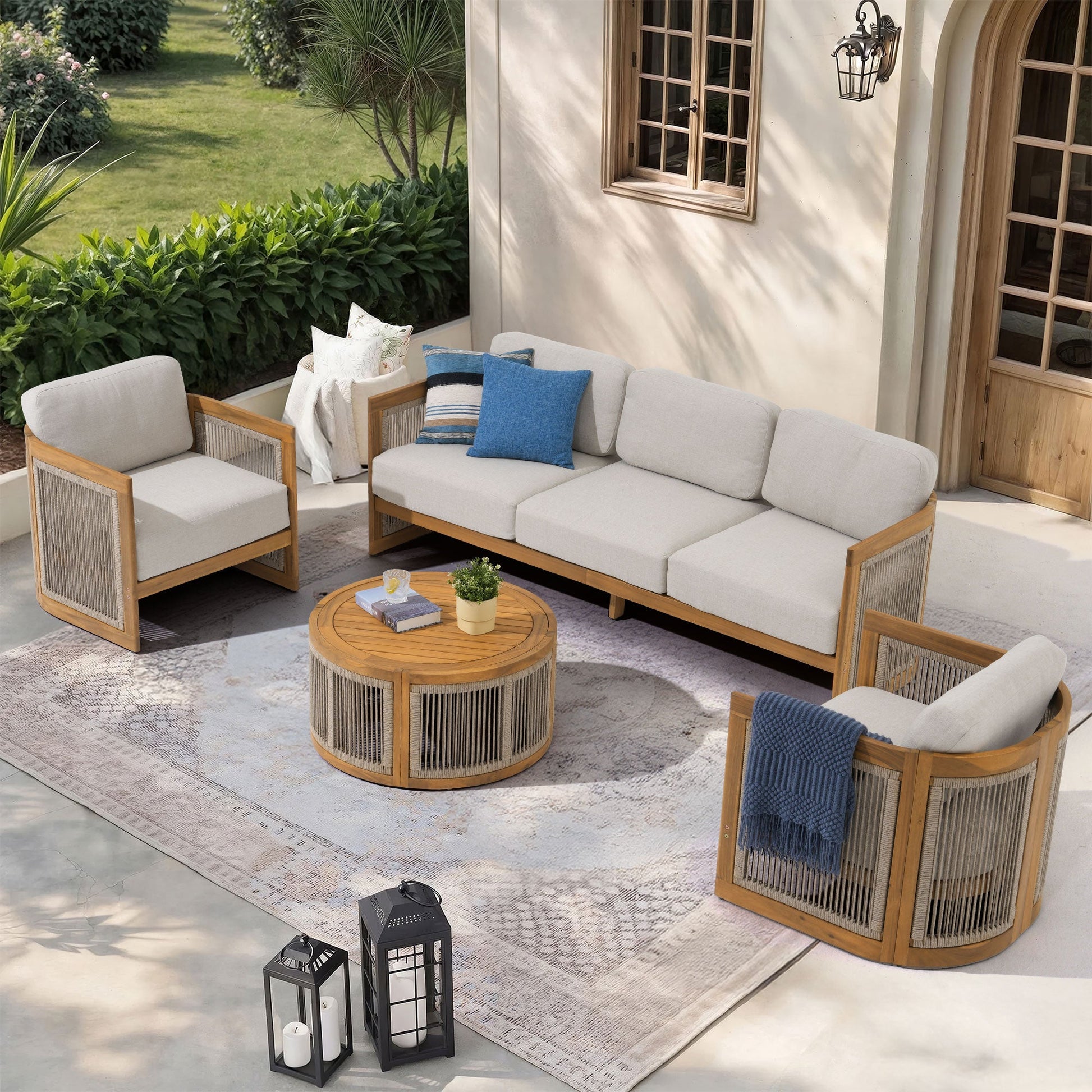 wooden and rope Outdoor patio furniture conversation set with a sofa, two lounge chairs, and coffee table- Sunsitt Modern Premium Patio Outdoor Furniture 