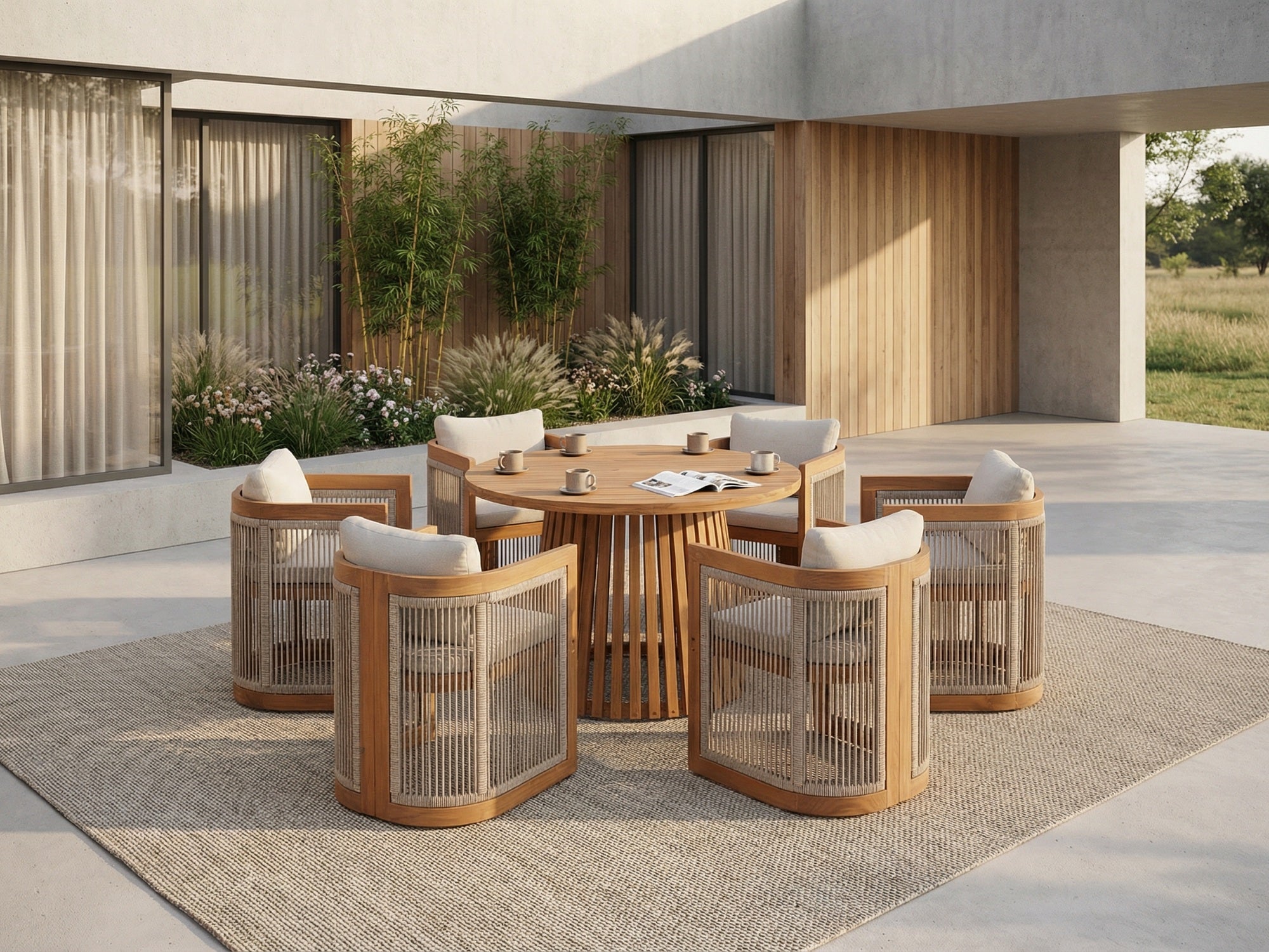 Mori Outdoor Wood & Rope Dining Set with Round Table for 4-6 People, 43.3"