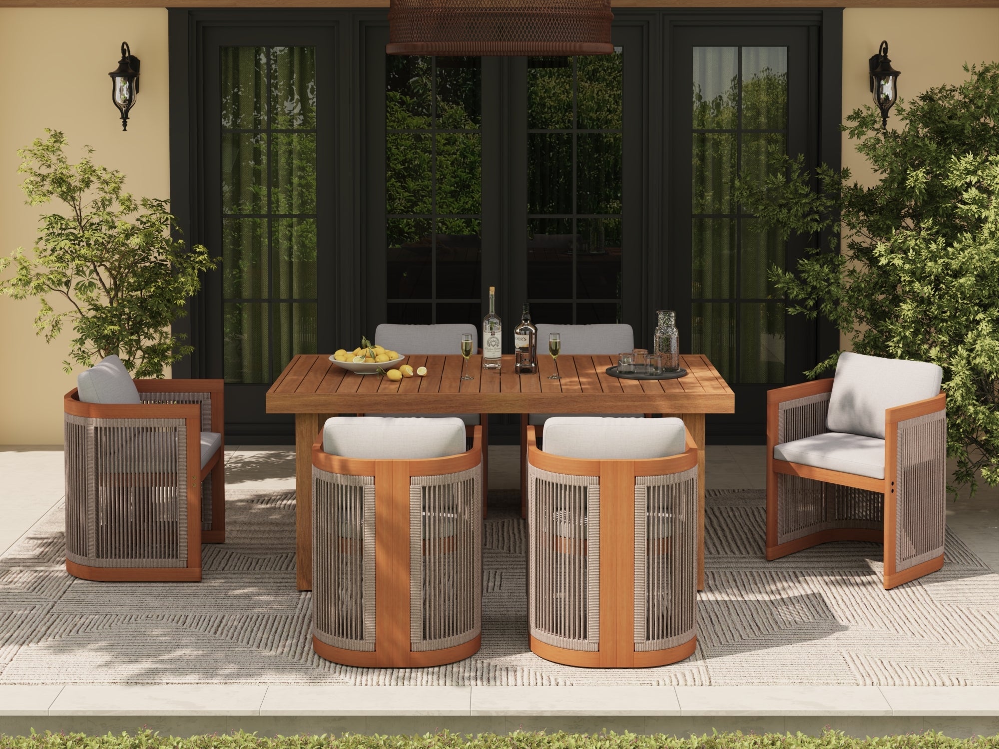 Outdoor patio set for 6 with wooden table and chairs on a patio with umbrella hole
