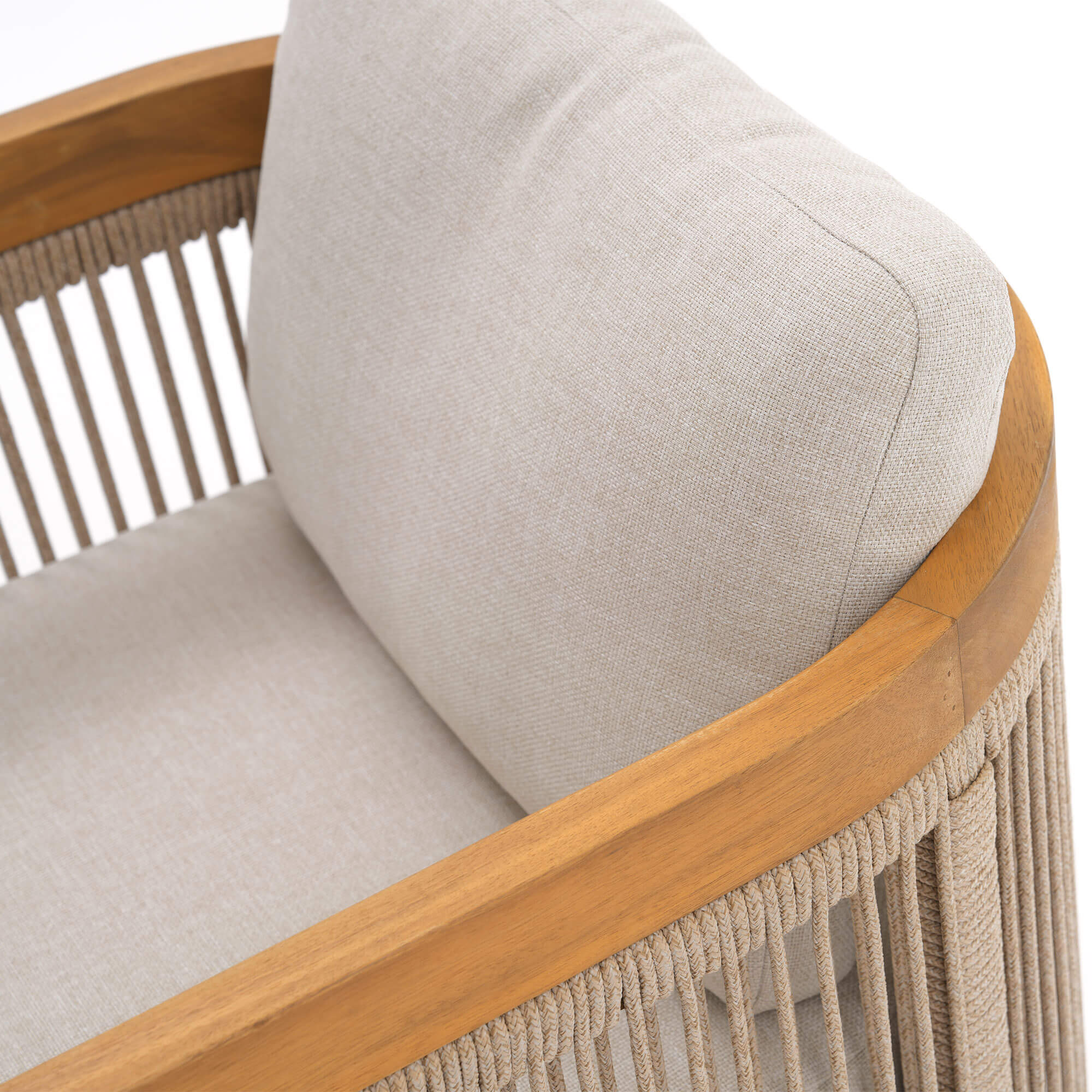 Close-up of a beige cushioned chair with wooden frame and woven rope backrest detail - Sunsitt Modern Premium Patio Outdoor Furniture 