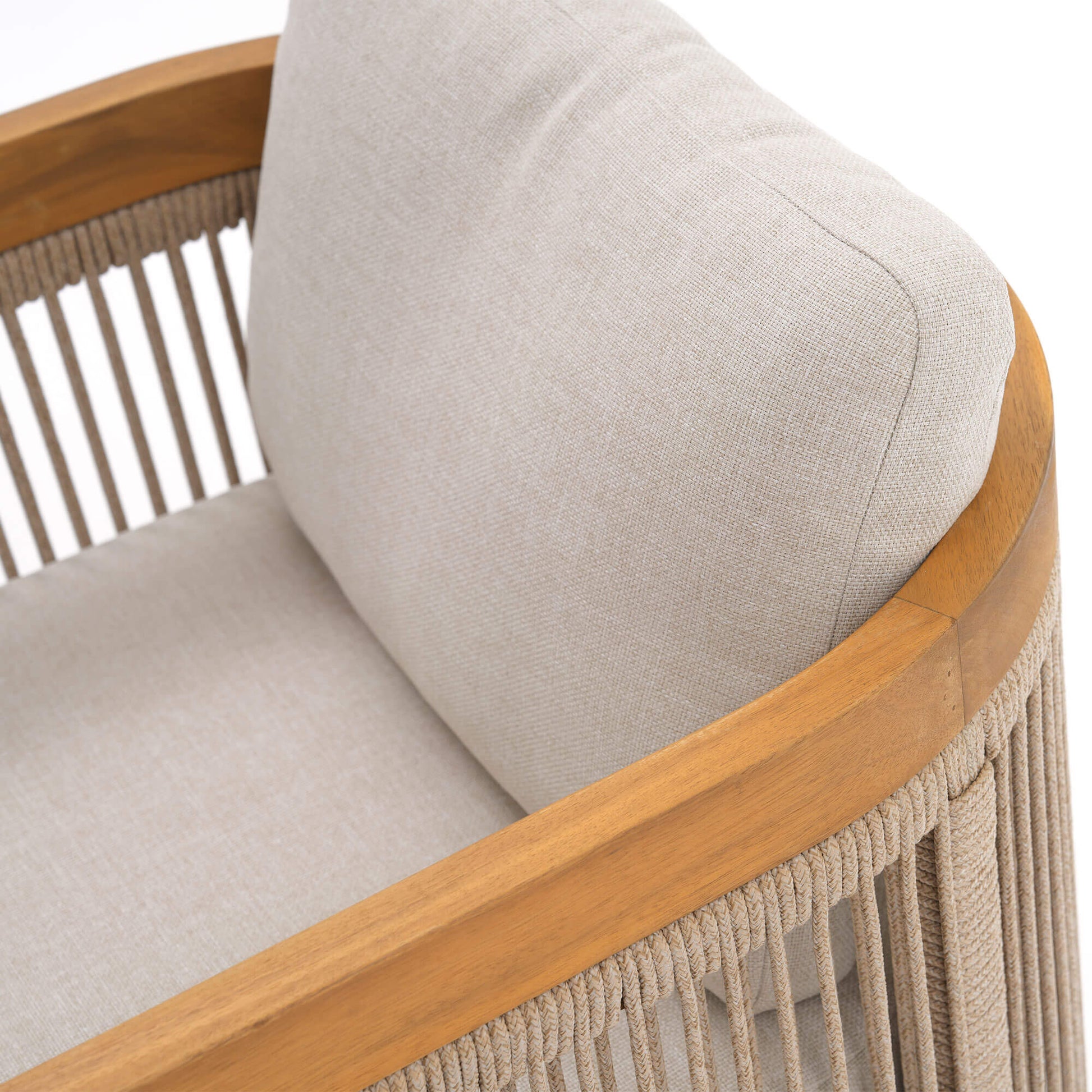 Close-up of a beige cushioned chair with wooden frame and woven rope backrest detail - SUNSITT Modern Premium Patio Outdoor Furniture 
