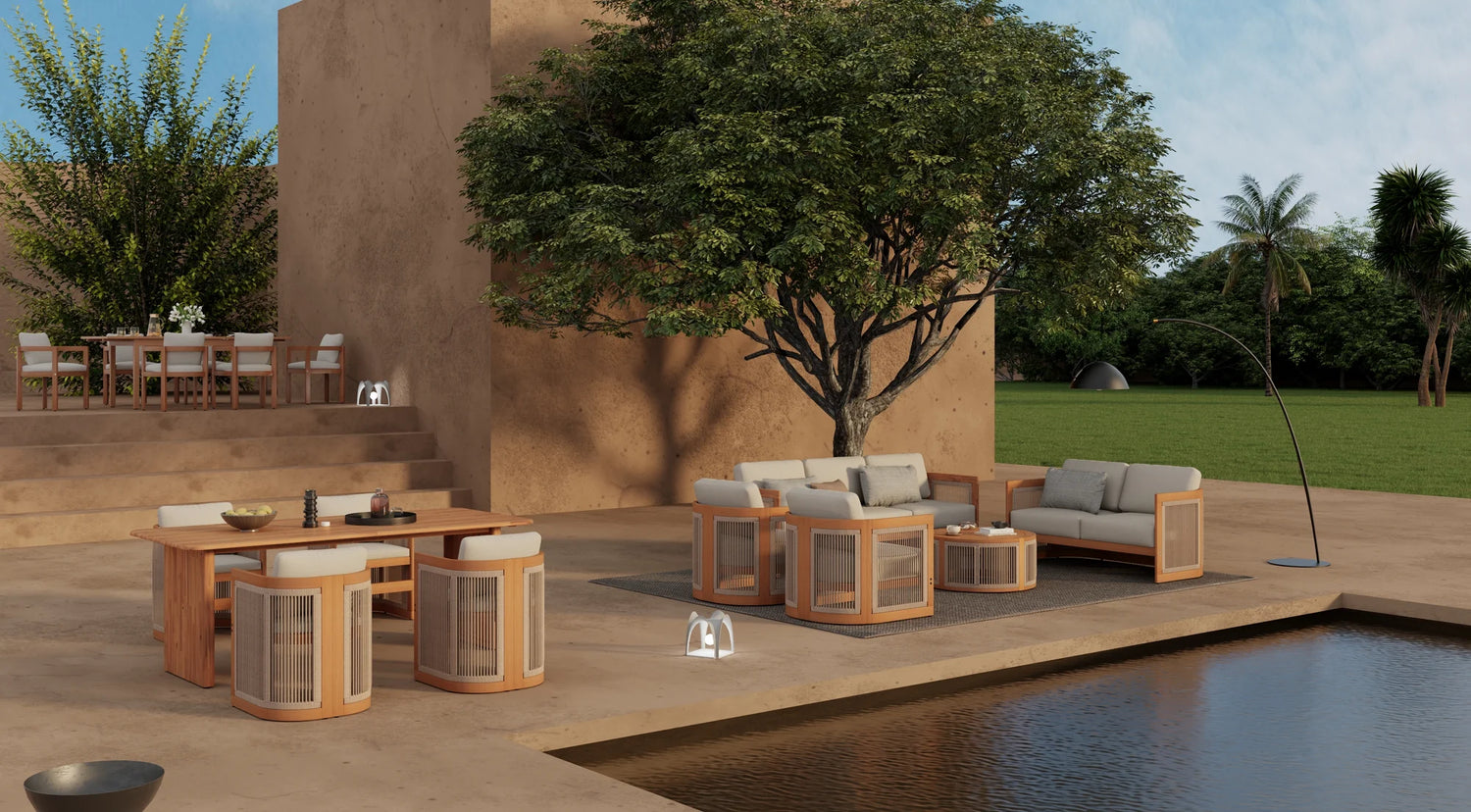 Outdoor patio with wooden furniture, table, and chairs near a pool.
