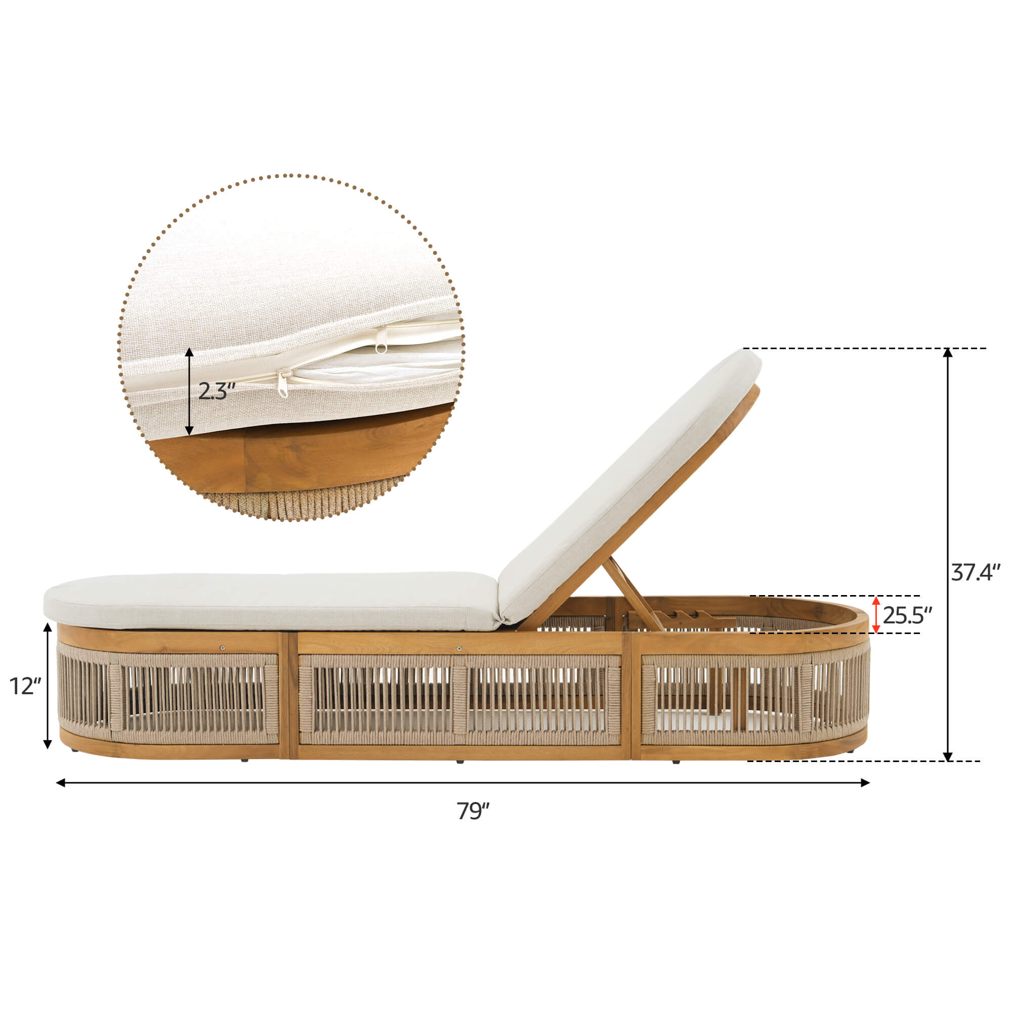 rope outdoor lounge chair with white cushion and dimensions