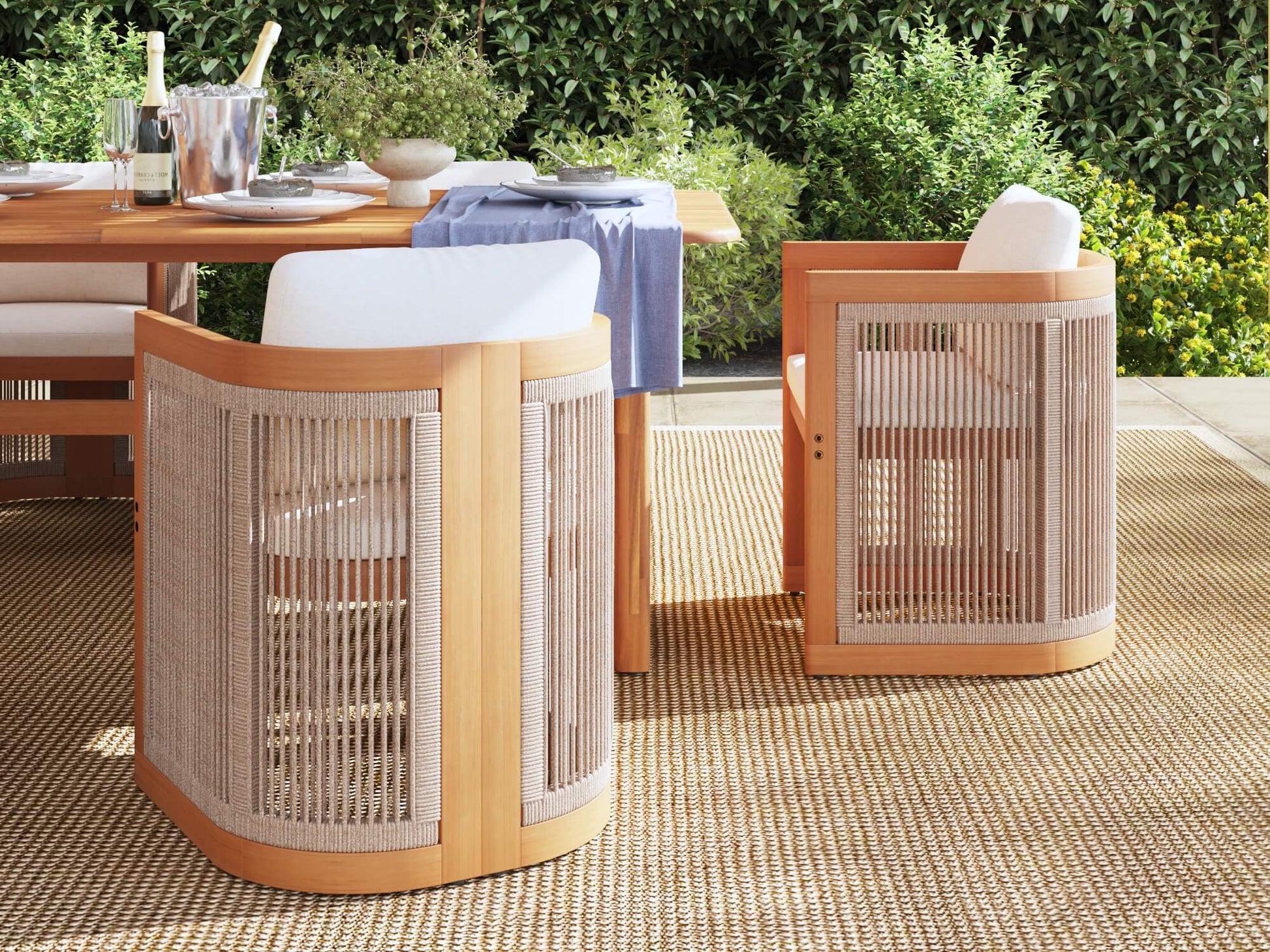 Outdoor furniture set with wooden and wicker chairs and table on a patio- Sunsitt Modern Premium Patio Outdoor Furniture 