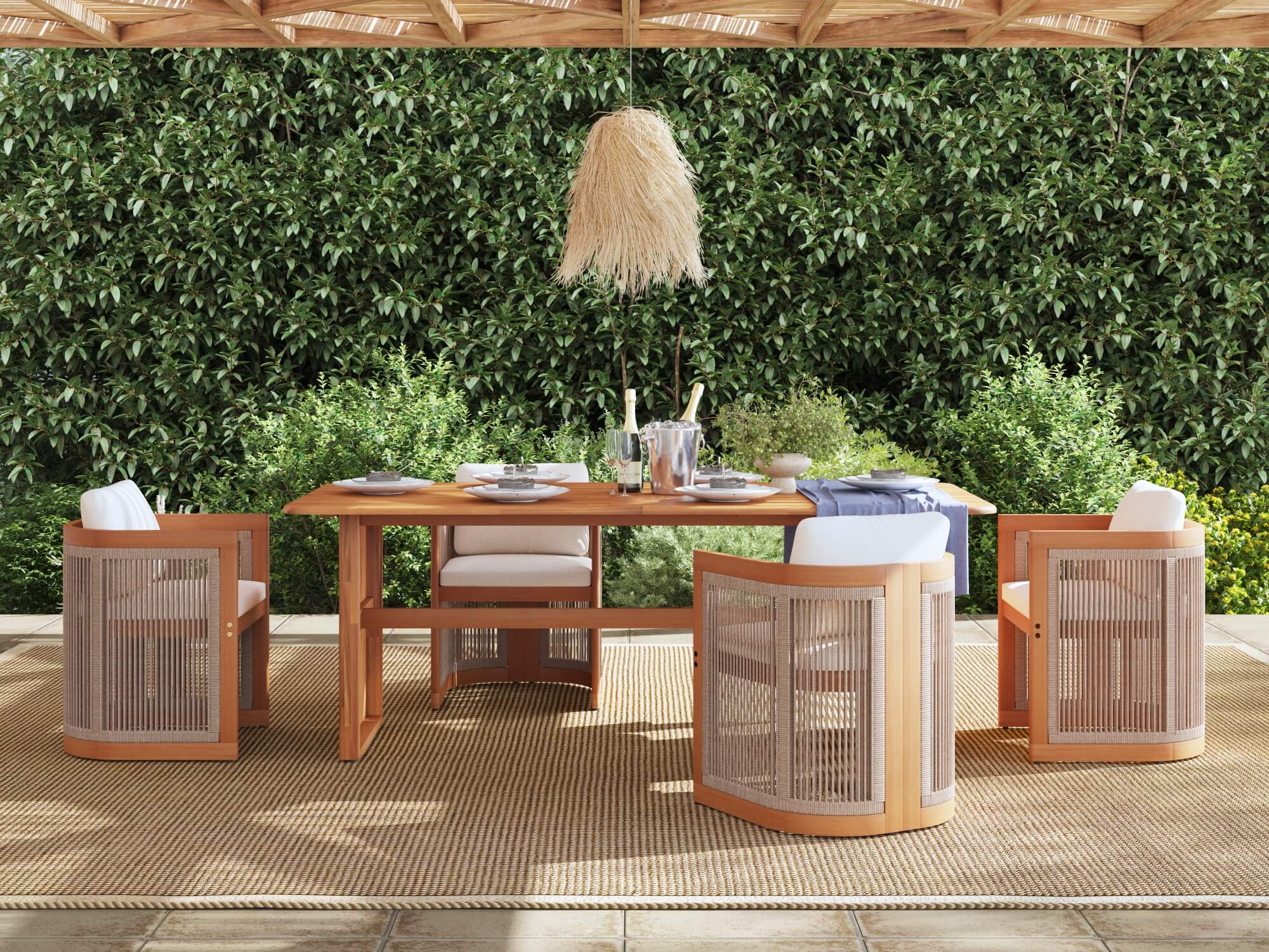 Outdoor dining set for 4 with wooden table and chairs on a patio with greenery in the background- SUNSITT Modern Premium Patio Outdoor Furniture 