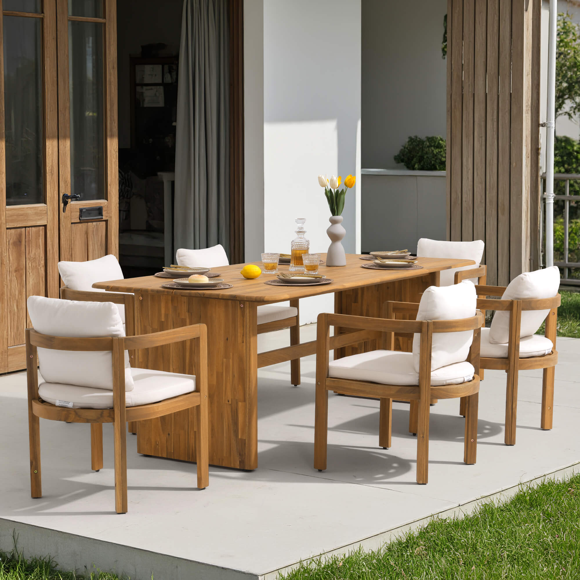 7pcs wooden outdoor dining set with white cushions- Sunsitt Modern Premium Patio Outdoor Furniture#Size_6 Chairs + 1 Table