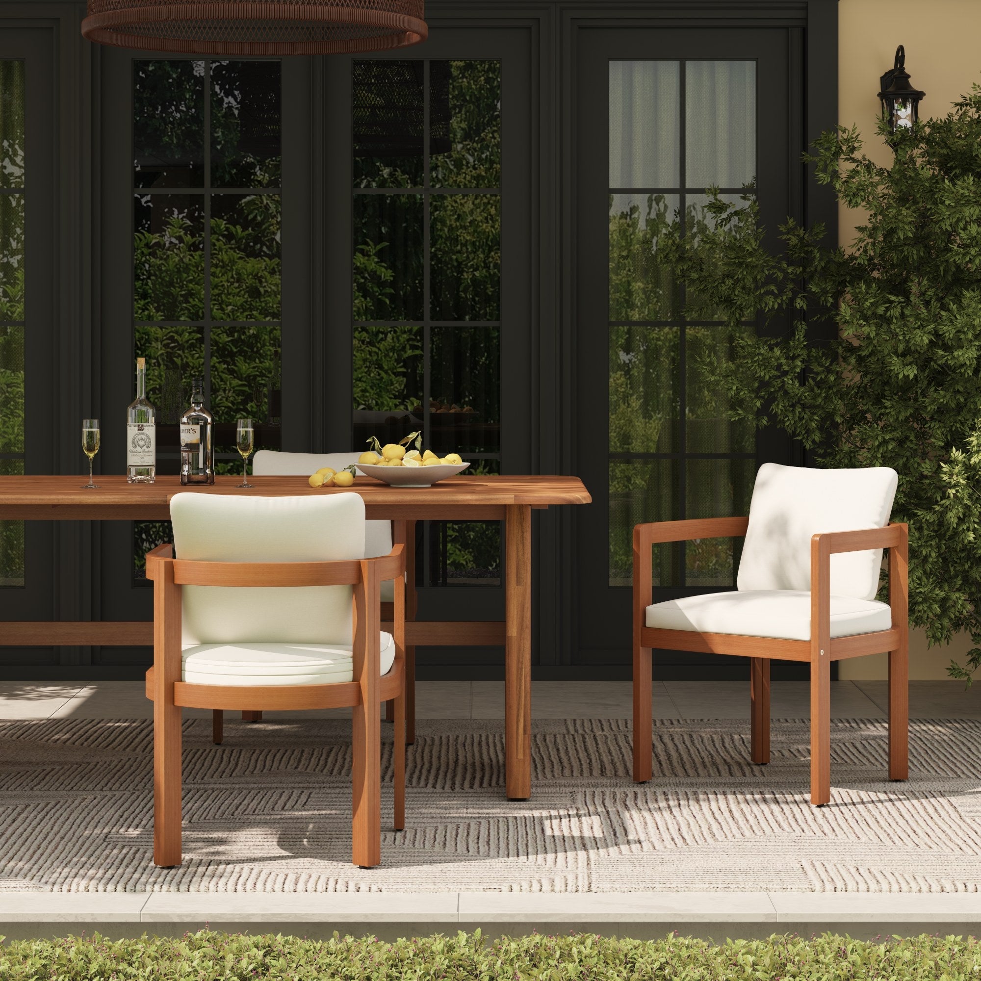 Outdoor dining set with wooden table and chairs on a patio- Sunsitt Modern Premium Patio Outdoor Furniture