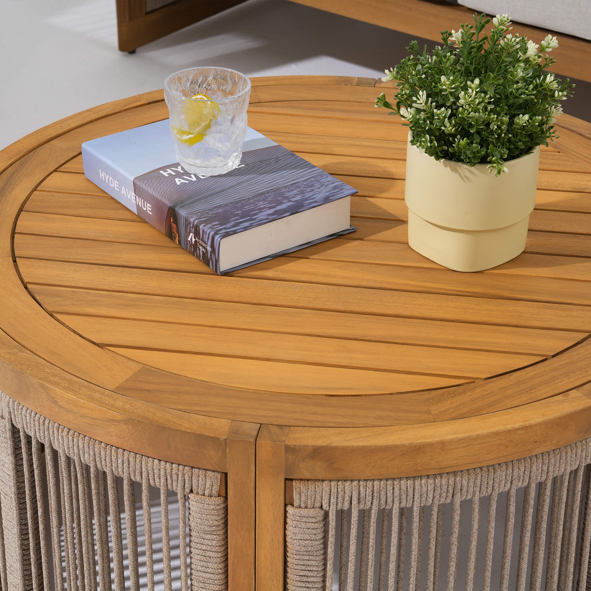 Wooden round coffee table with rope design- Sunsitt Modern Premium Patio Outdoor Furniture