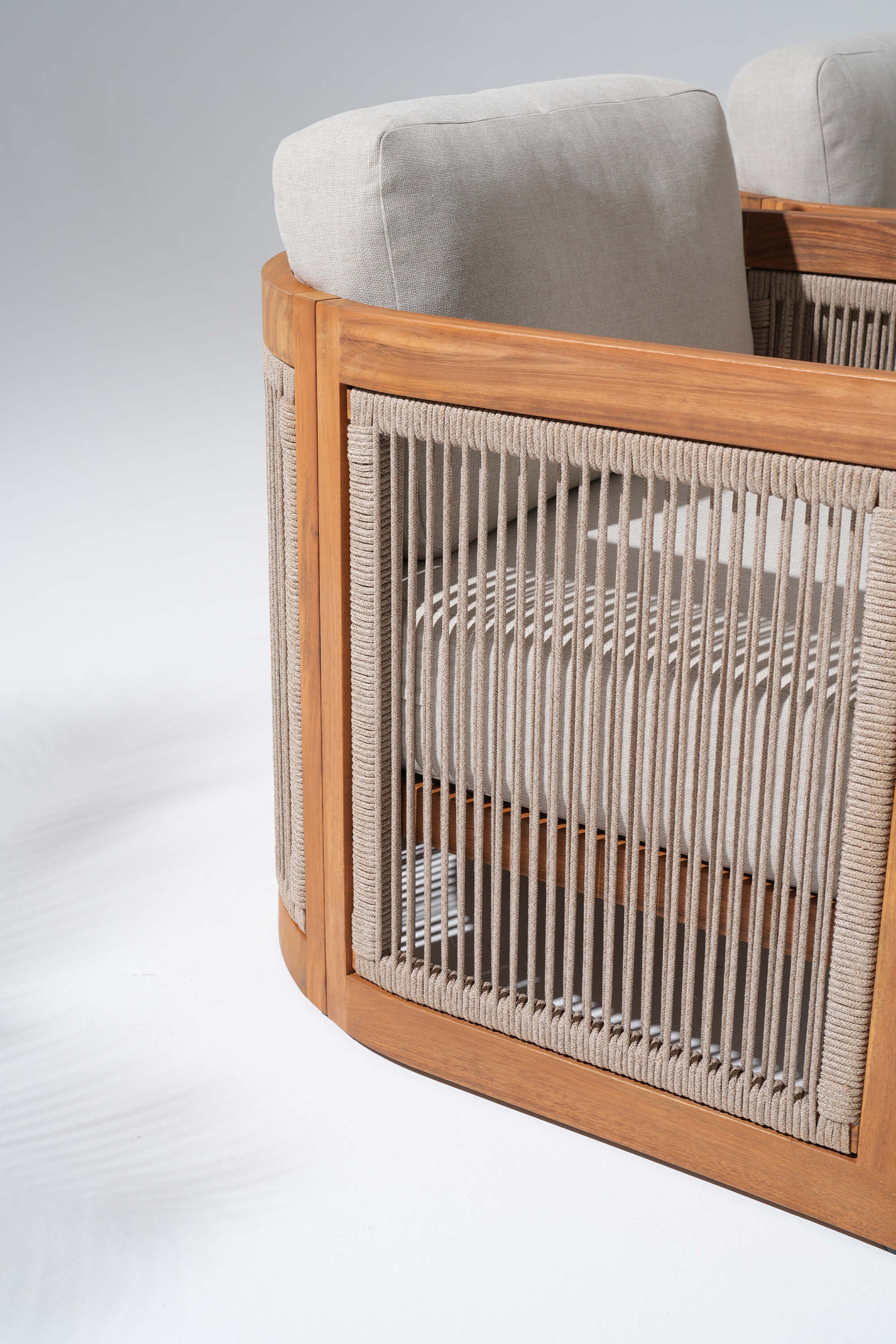 Wooden patio chair with rope backrest detail- Sunsitt Modern Premium Patio Outdoor Furniture