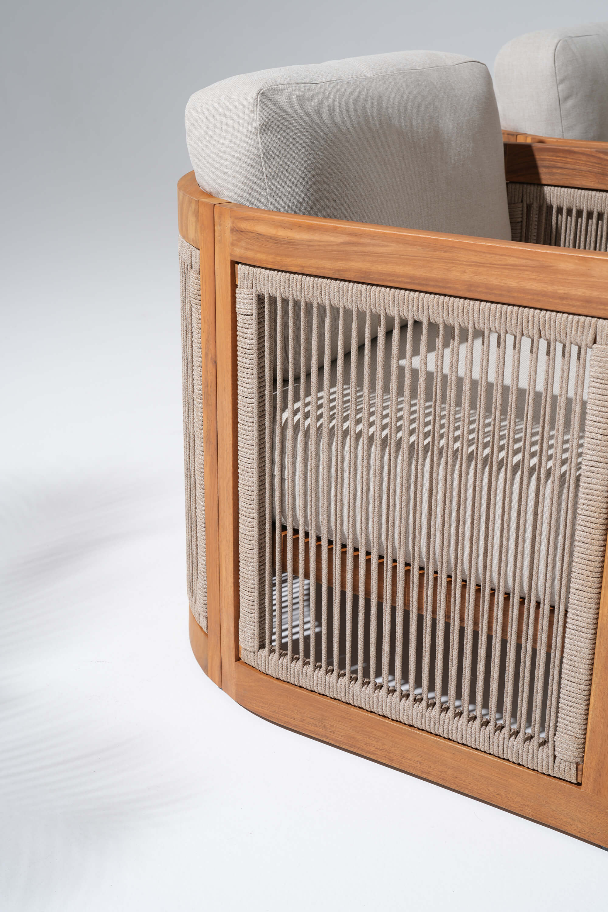 Wooden patio chair with rope backrest detail- Sunsitt Modern Premium Patio Outdoor Furniture