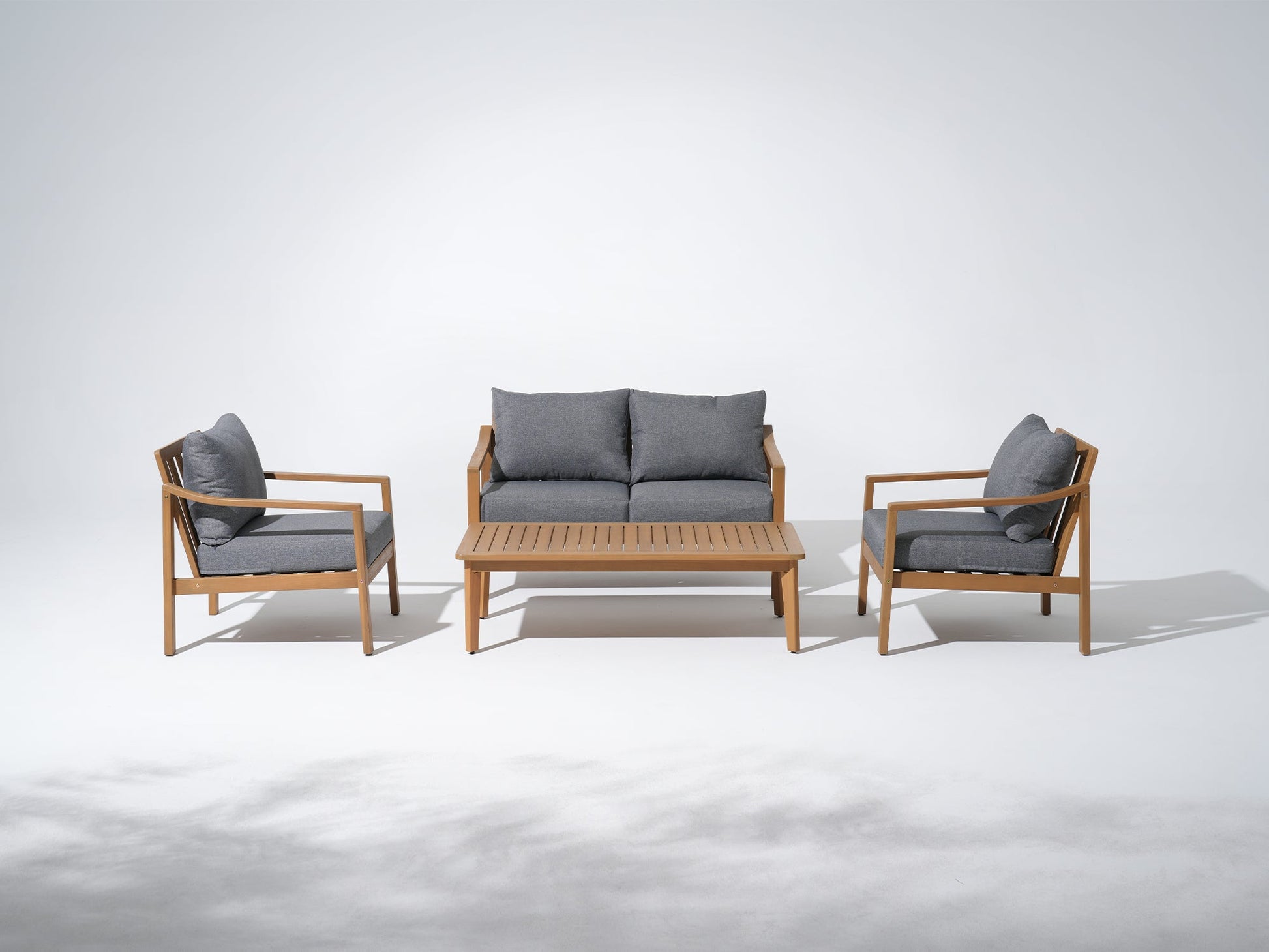 Noto Outdoor conversation furniture set with two chairs and a sofa, gray cushions- Sunsitt Modern Premium Patio Outdoor Furniture