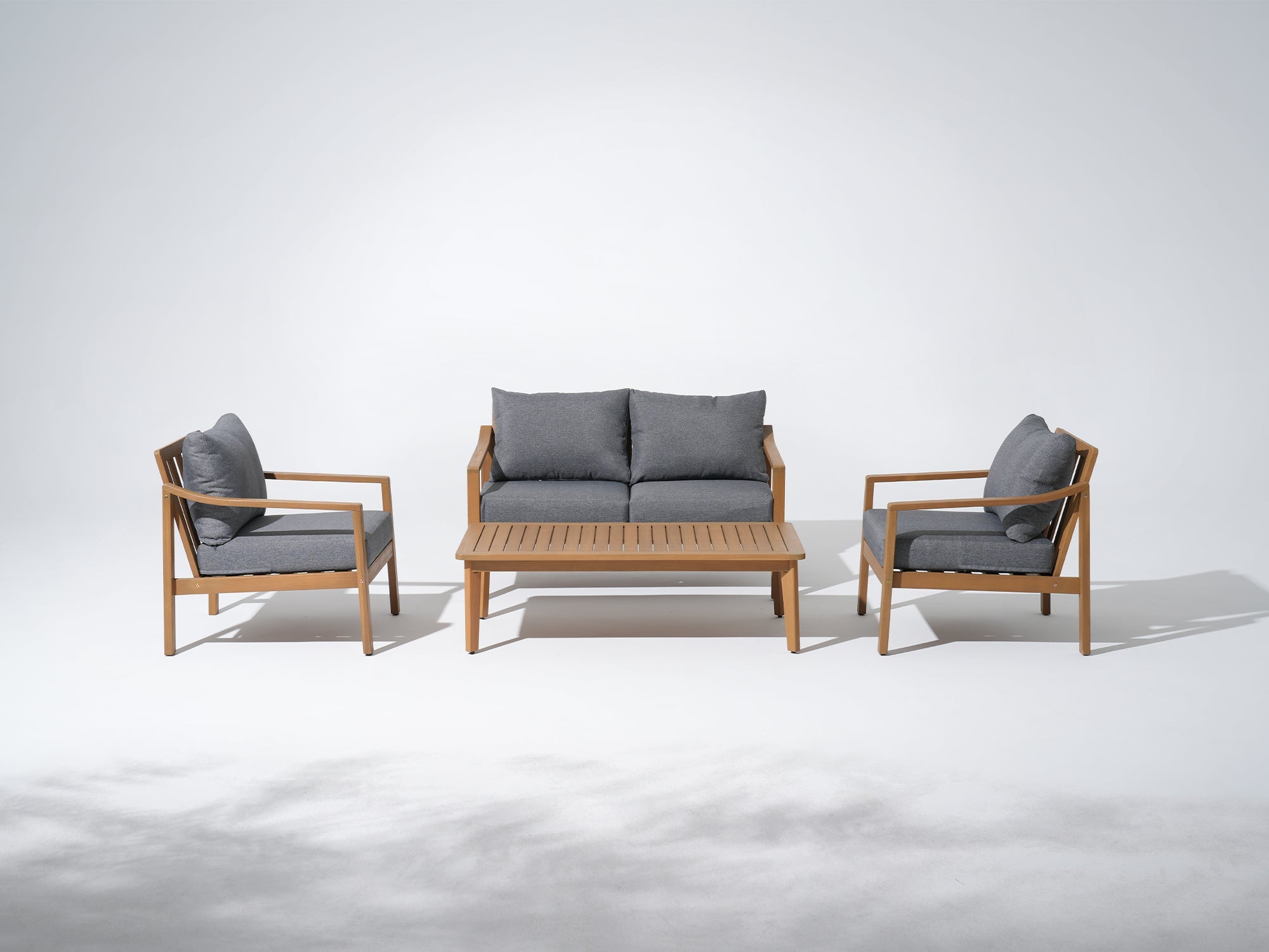 Noto Outdoor conversation furniture set with two chairs and a sofa, gray cushions- Sunsitt Modern Premium Patio Outdoor Furniture